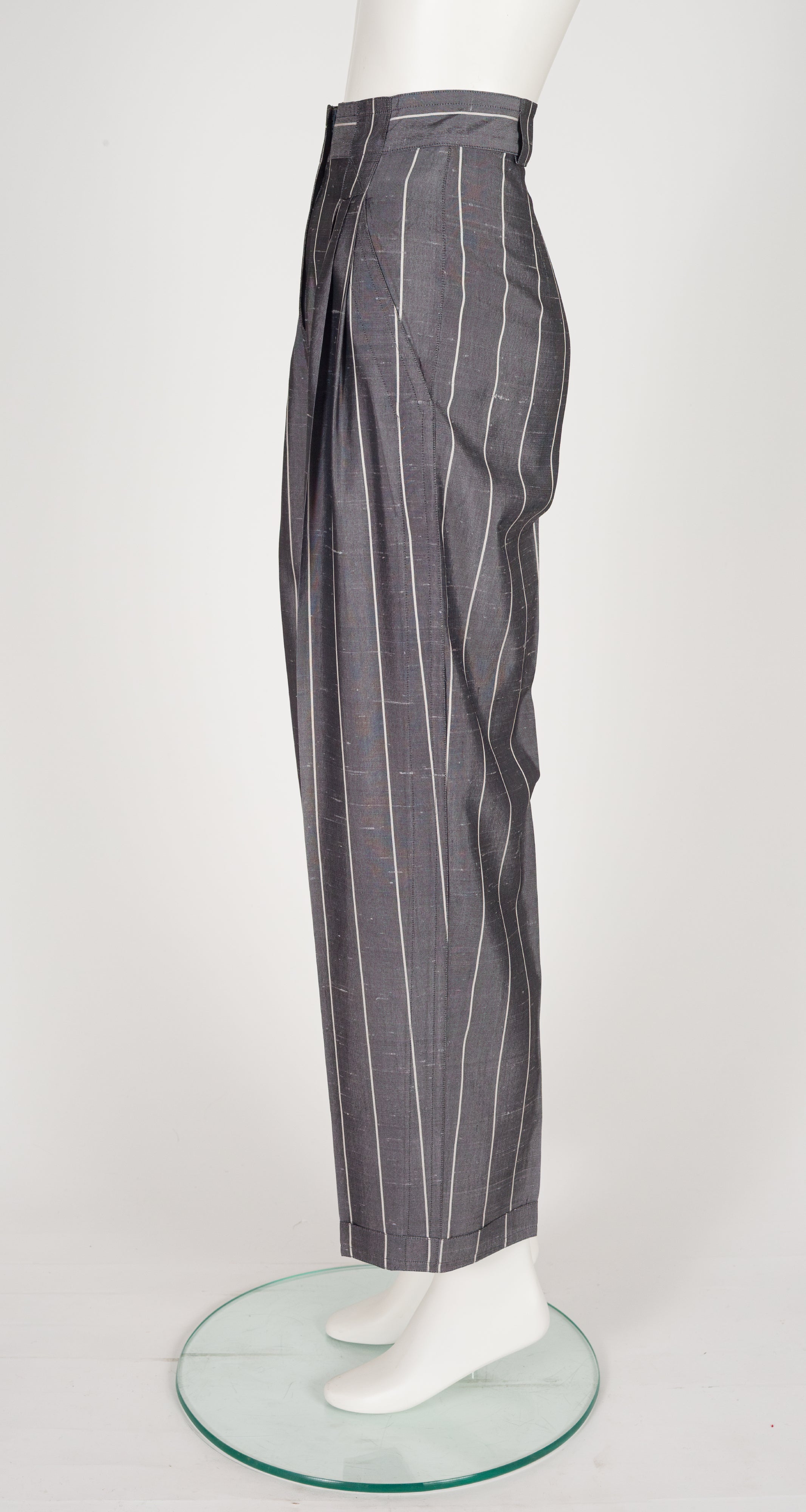 1980s Pinstripe Gray Raw Silk Pleated Trousers