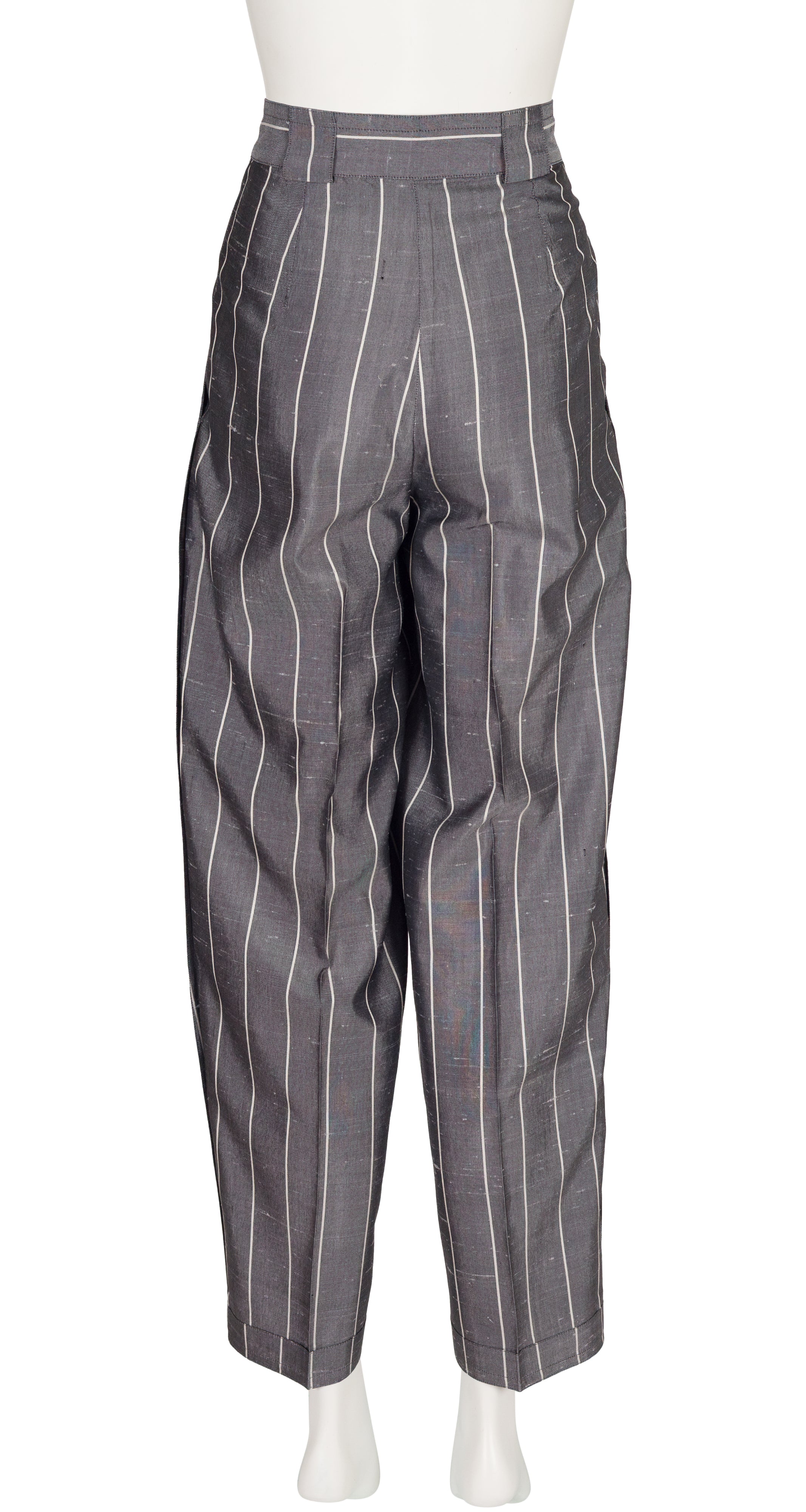 1980s Pinstripe Gray Raw Silk Pleated Trousers