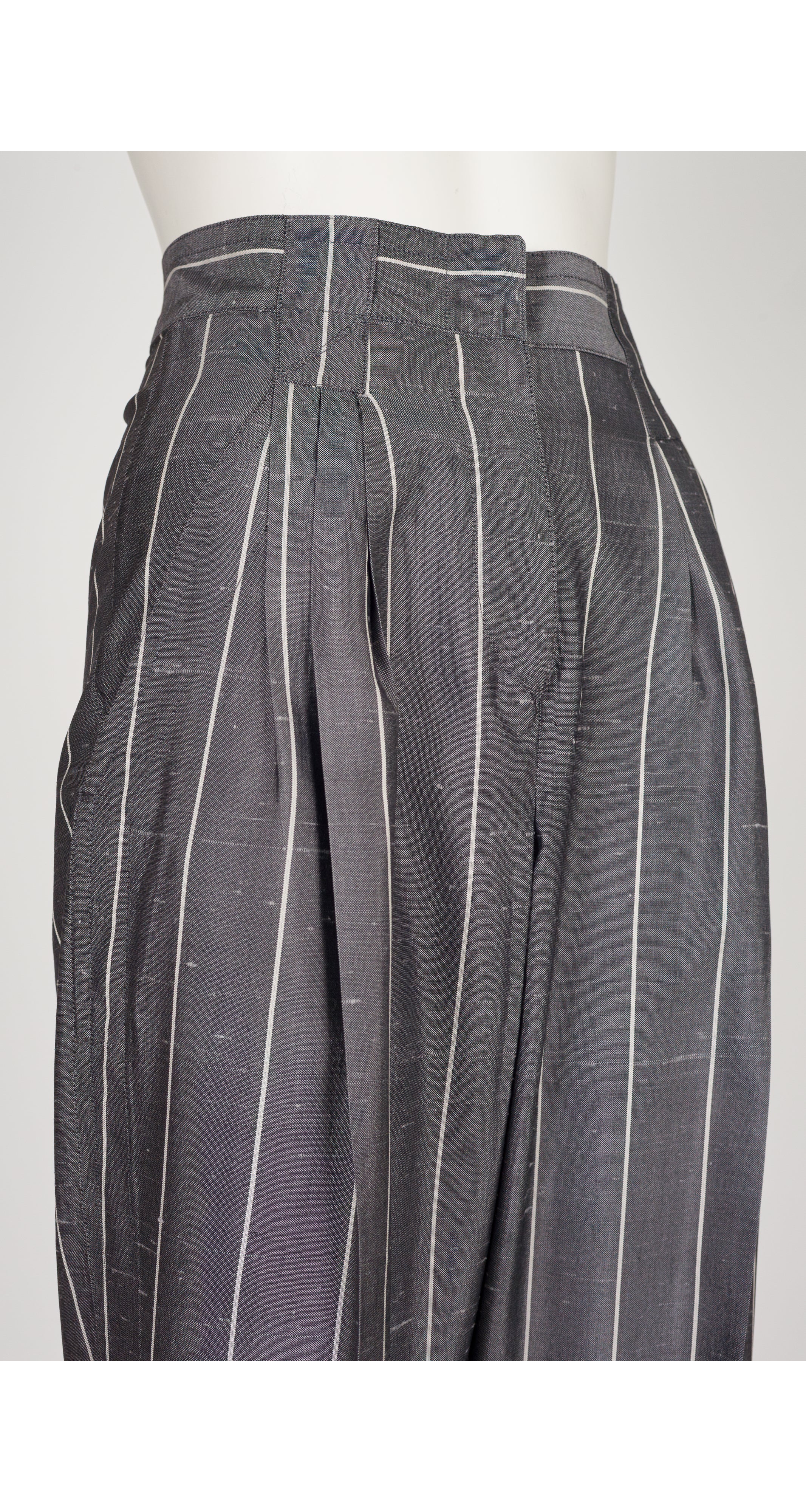 1980s Pinstripe Gray Raw Silk Pleated Trousers