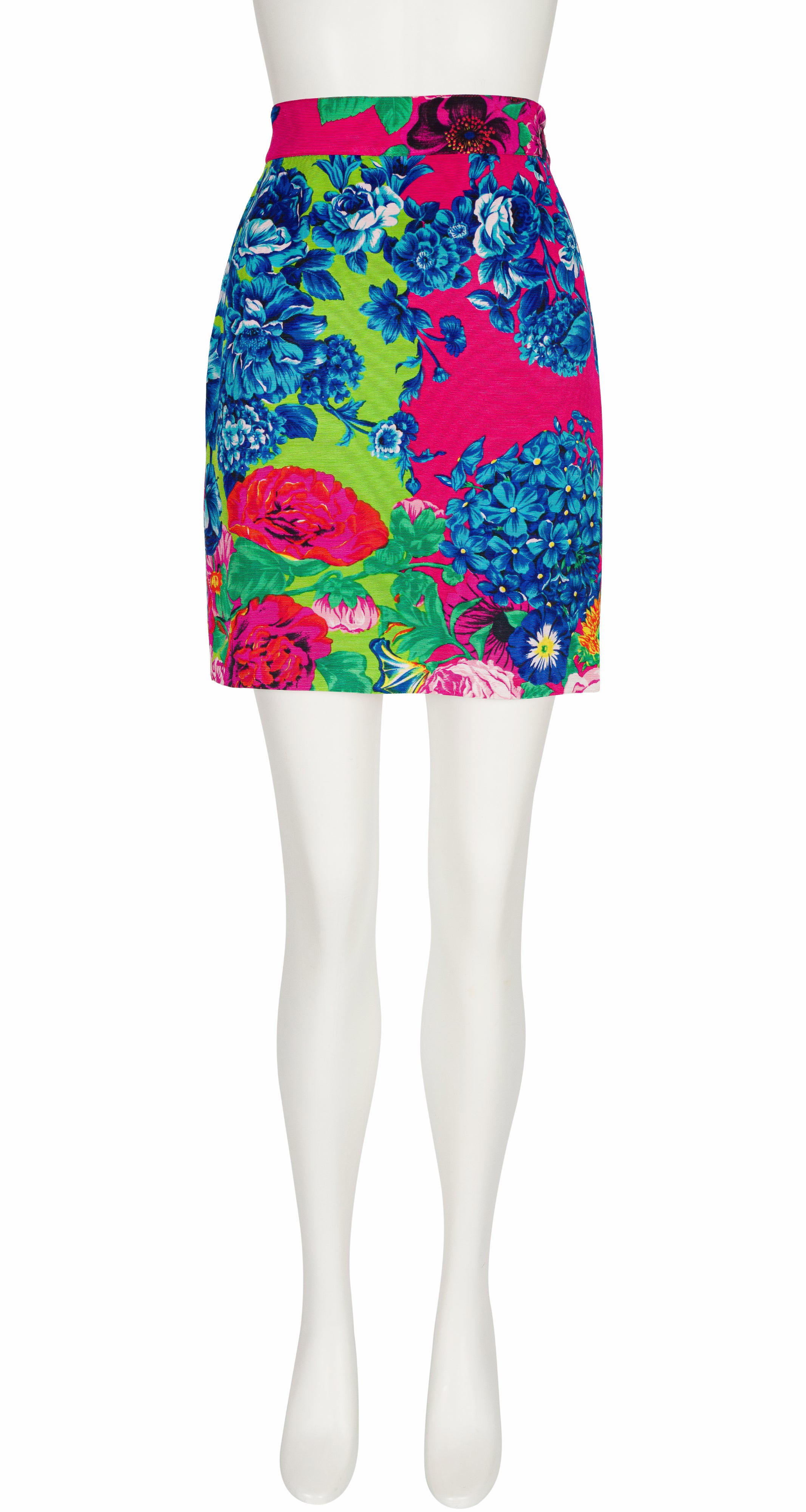 1990s Vibrant Floral Print Faille Mini Skirt