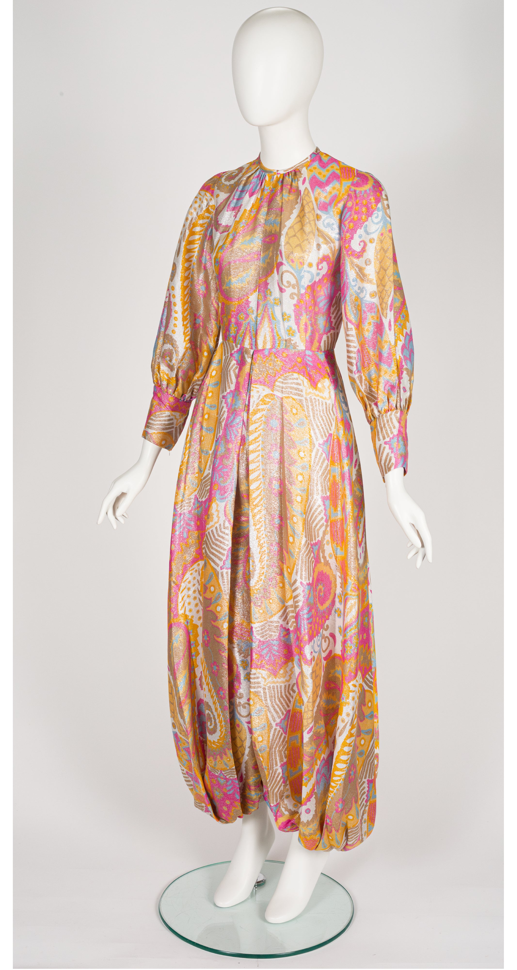 1960s Floral Paisley Silver Lamé Harem Jumpsuit