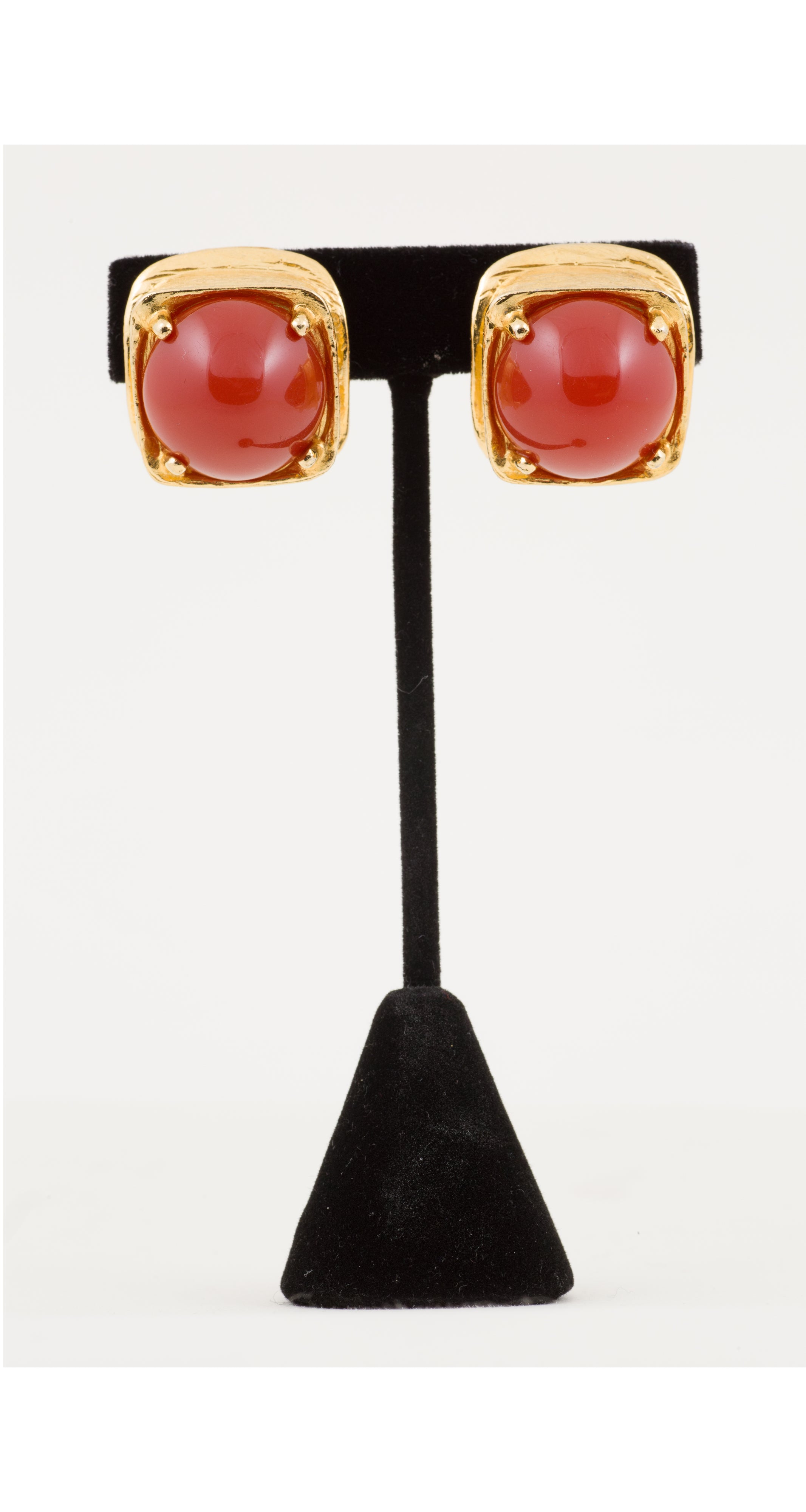 1980s Faux Red Coral Cabochon Square Clip-On Earrings