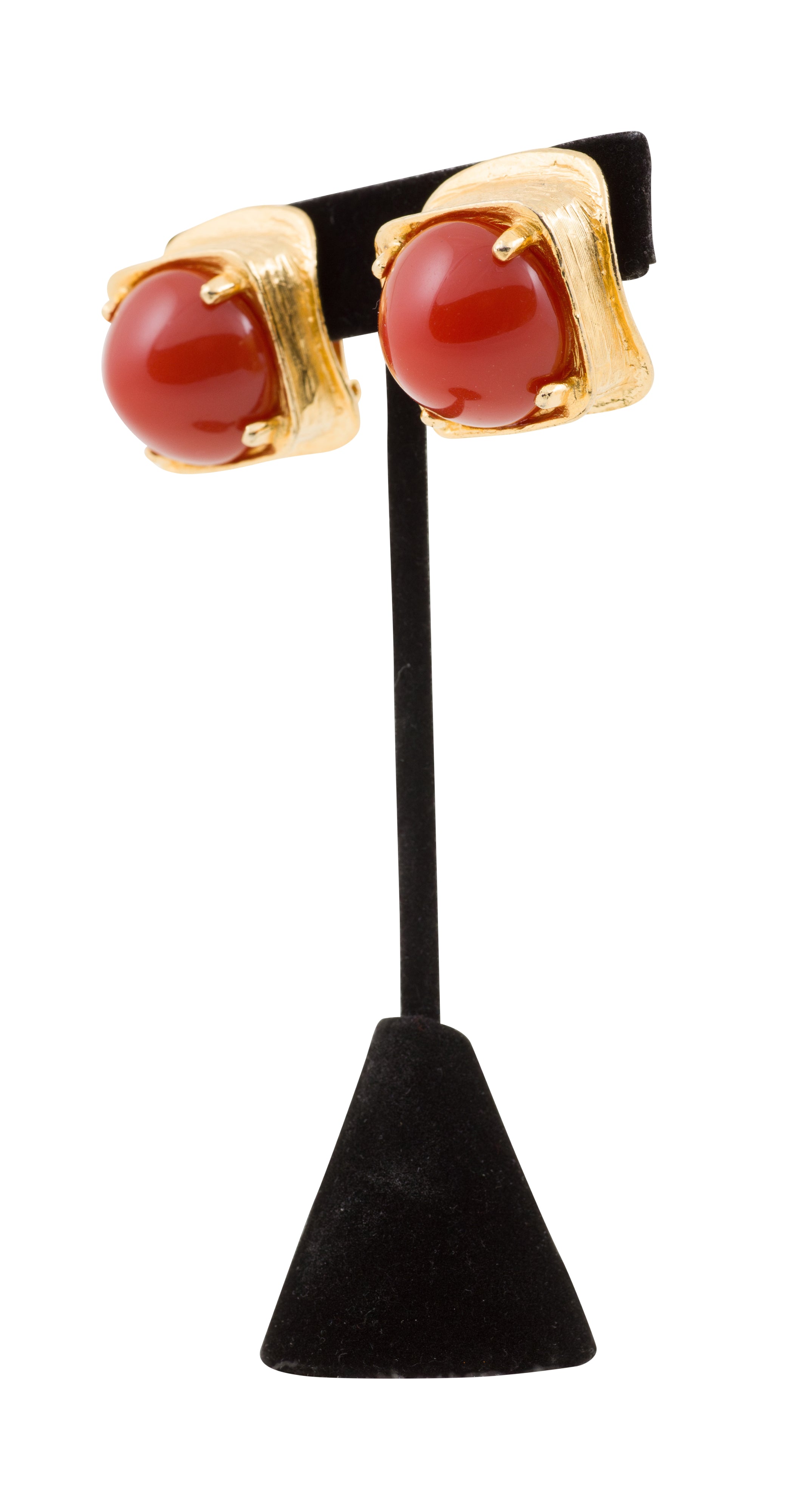 1980s Faux Red Coral Cabochon Square Clip-On Earrings