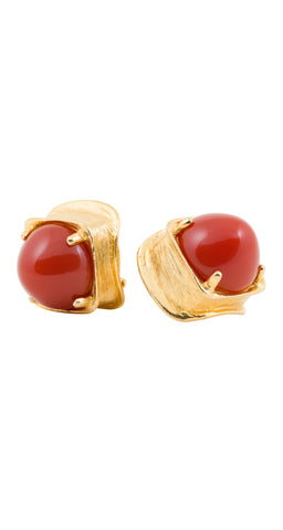 1980s Faux Red Coral Cabochon Square Clip-On Earrings