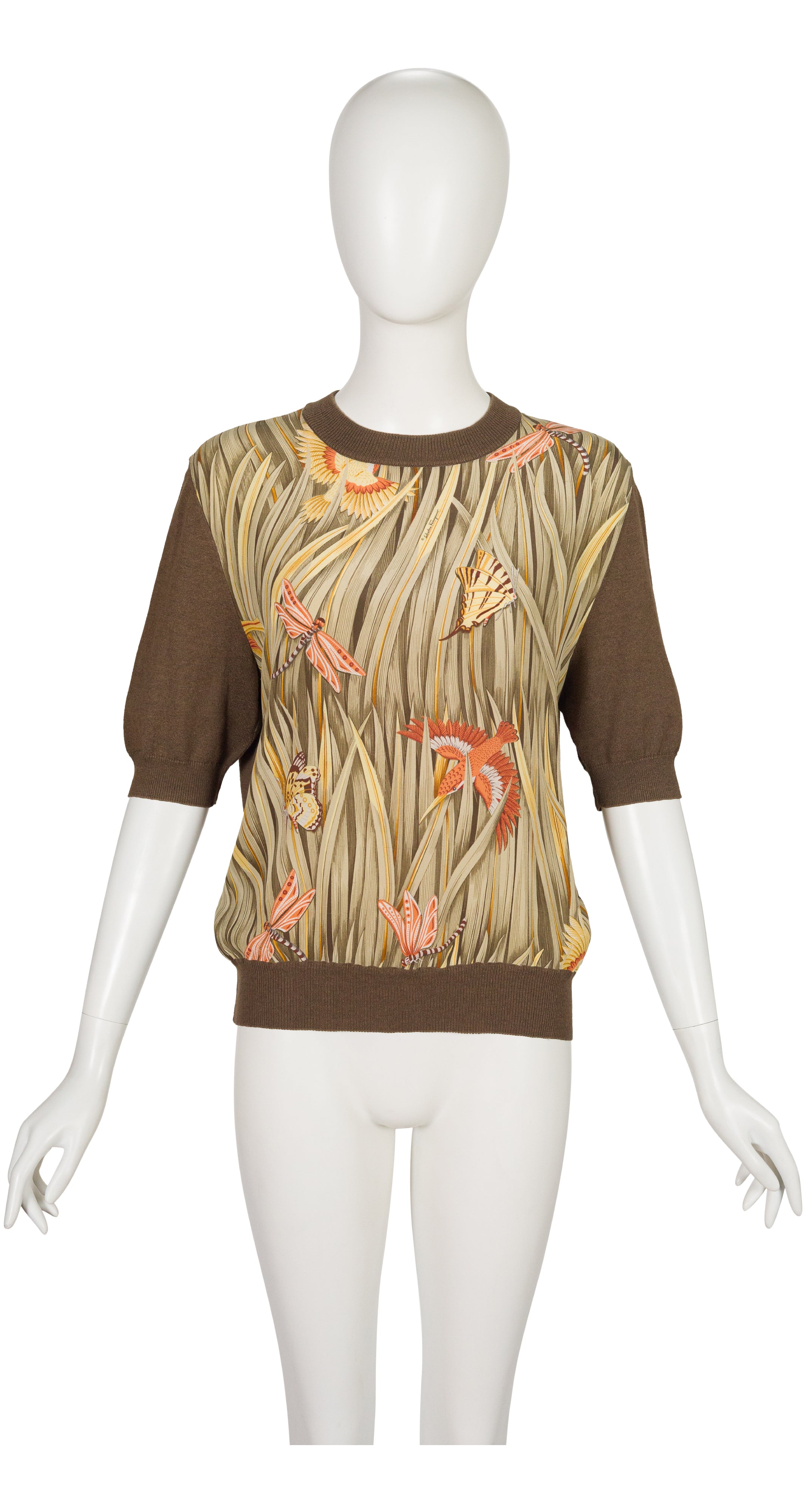 1980s Bird & Insect Print Silk & Cotton Knit Short Sleeve Top