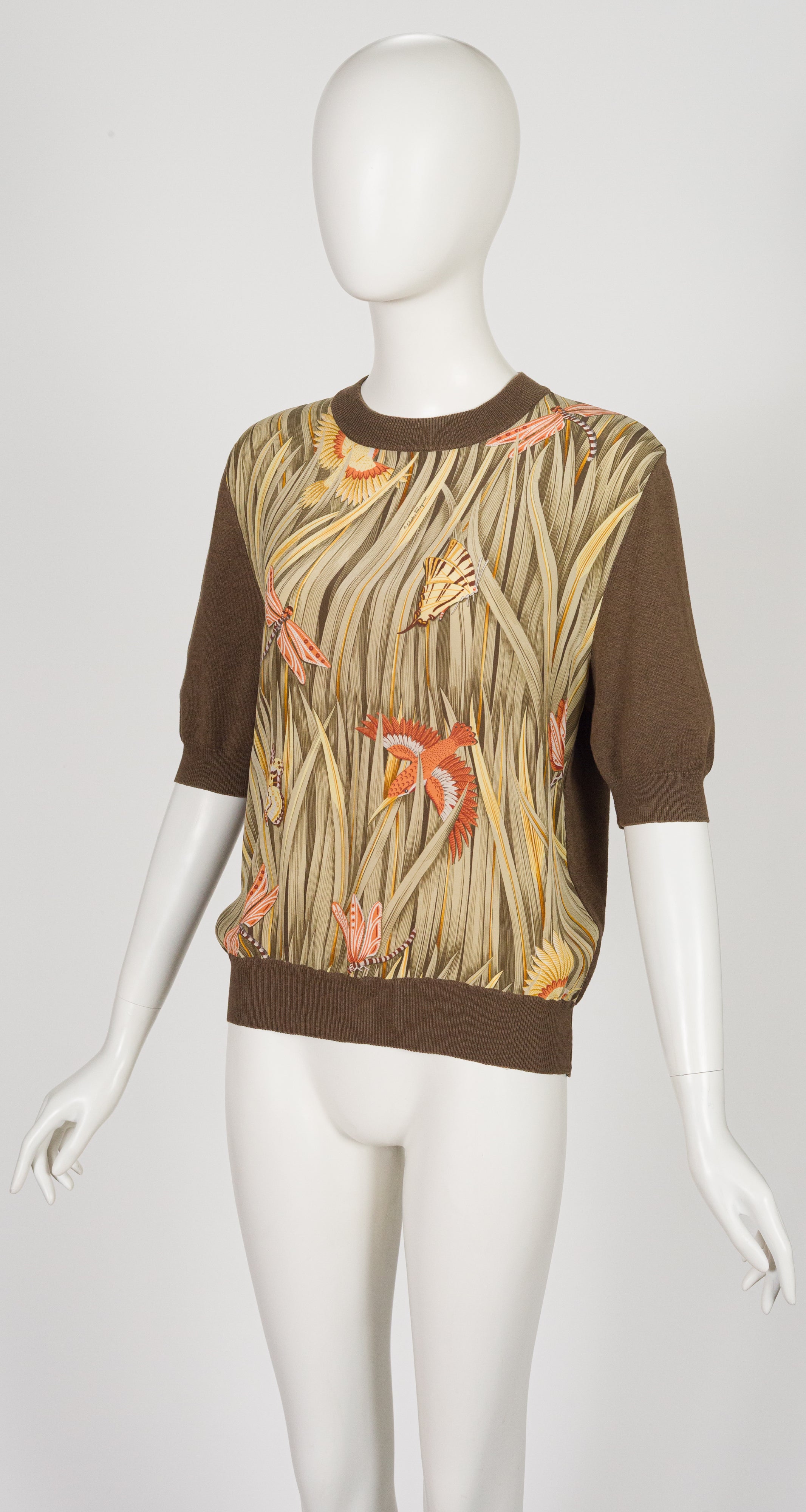 1980s Bird & Insect Print Silk & Cotton Knit Short Sleeve Top