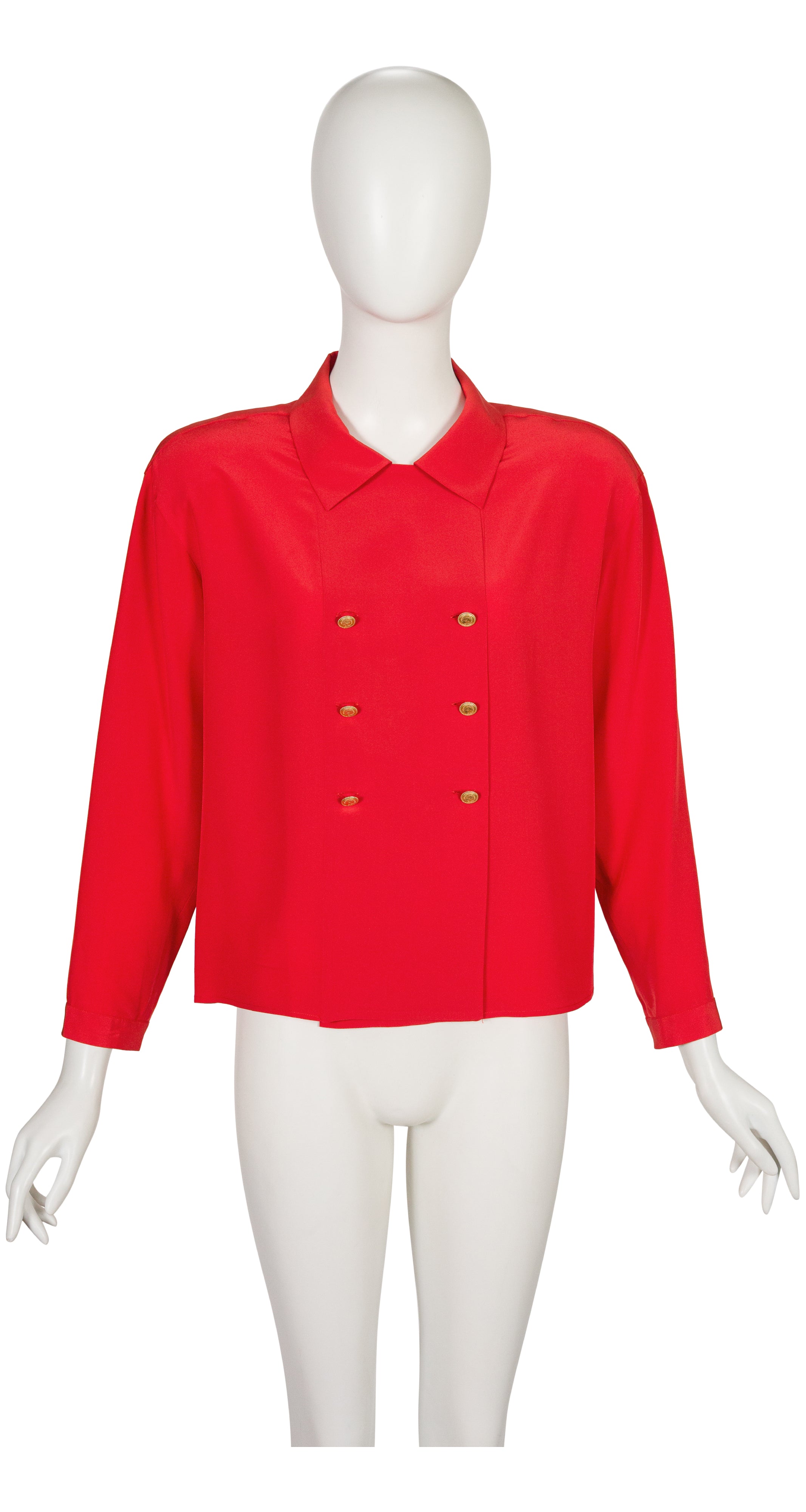 1986 S/S Red Silk Double-Breasted Collared Blouse