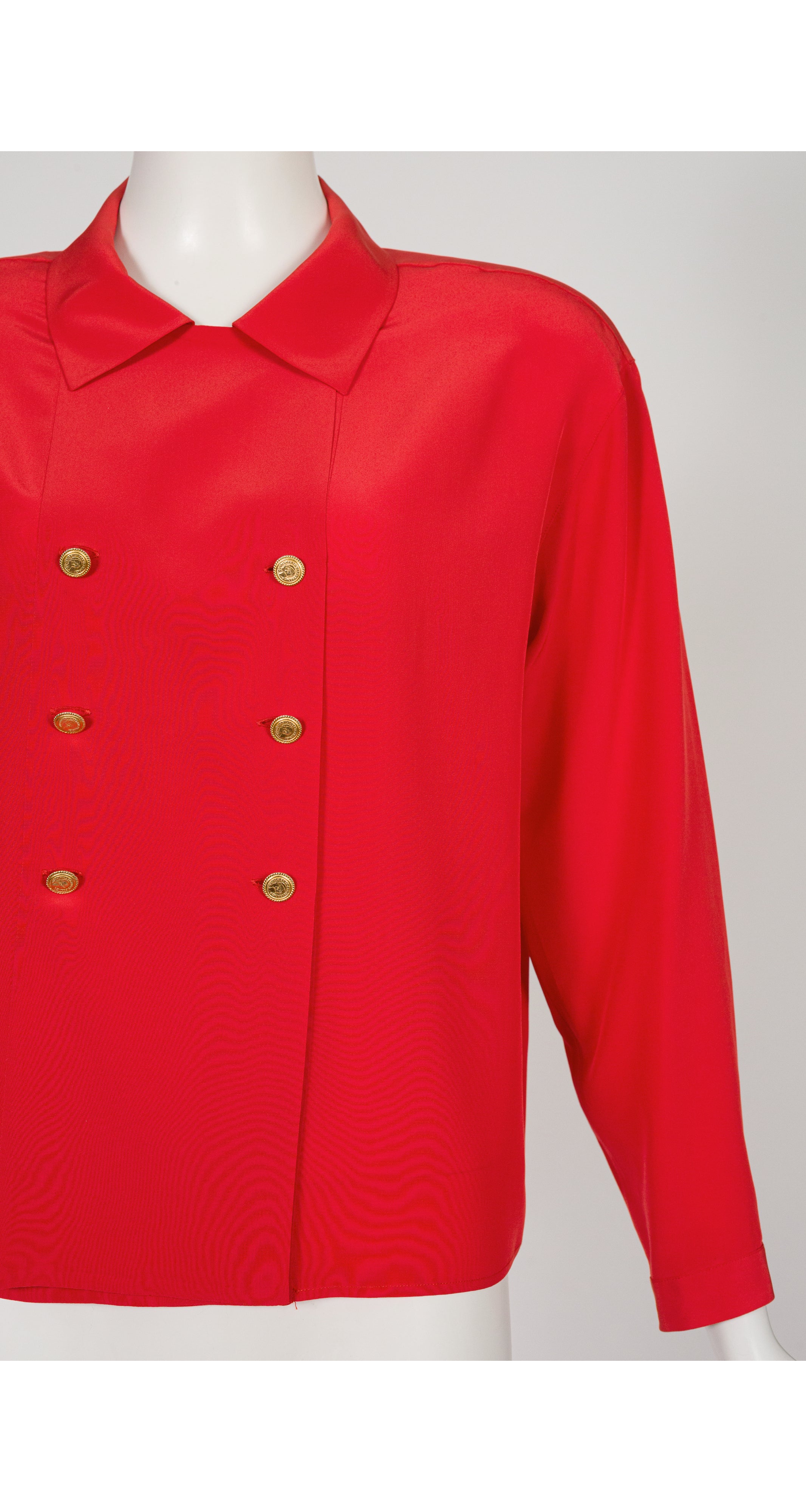 1986 S/S Red Silk Double-Breasted Collared Blouse
