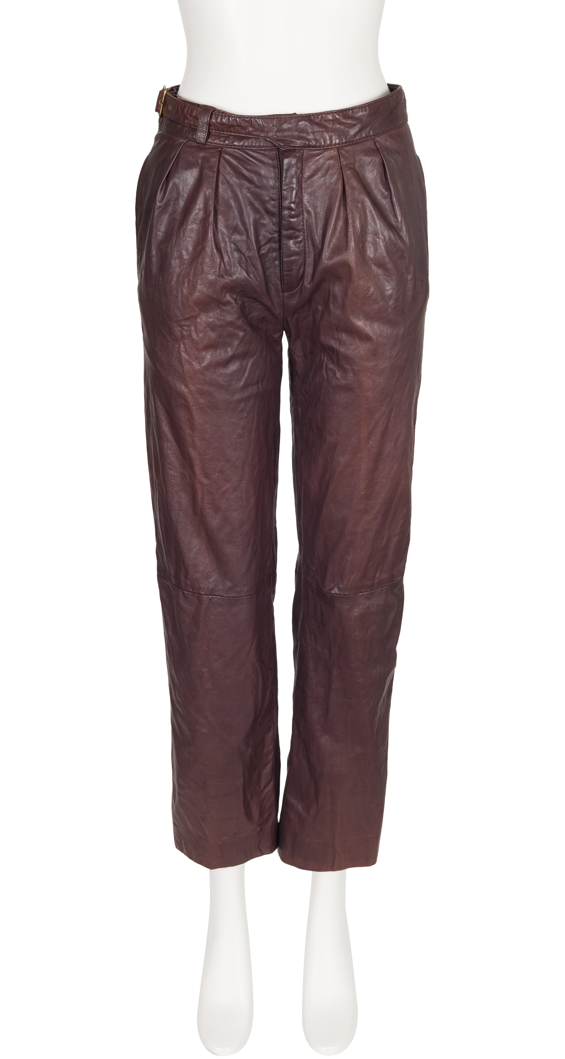 1980s Brown Leather Straight-Leg Buckle Pants