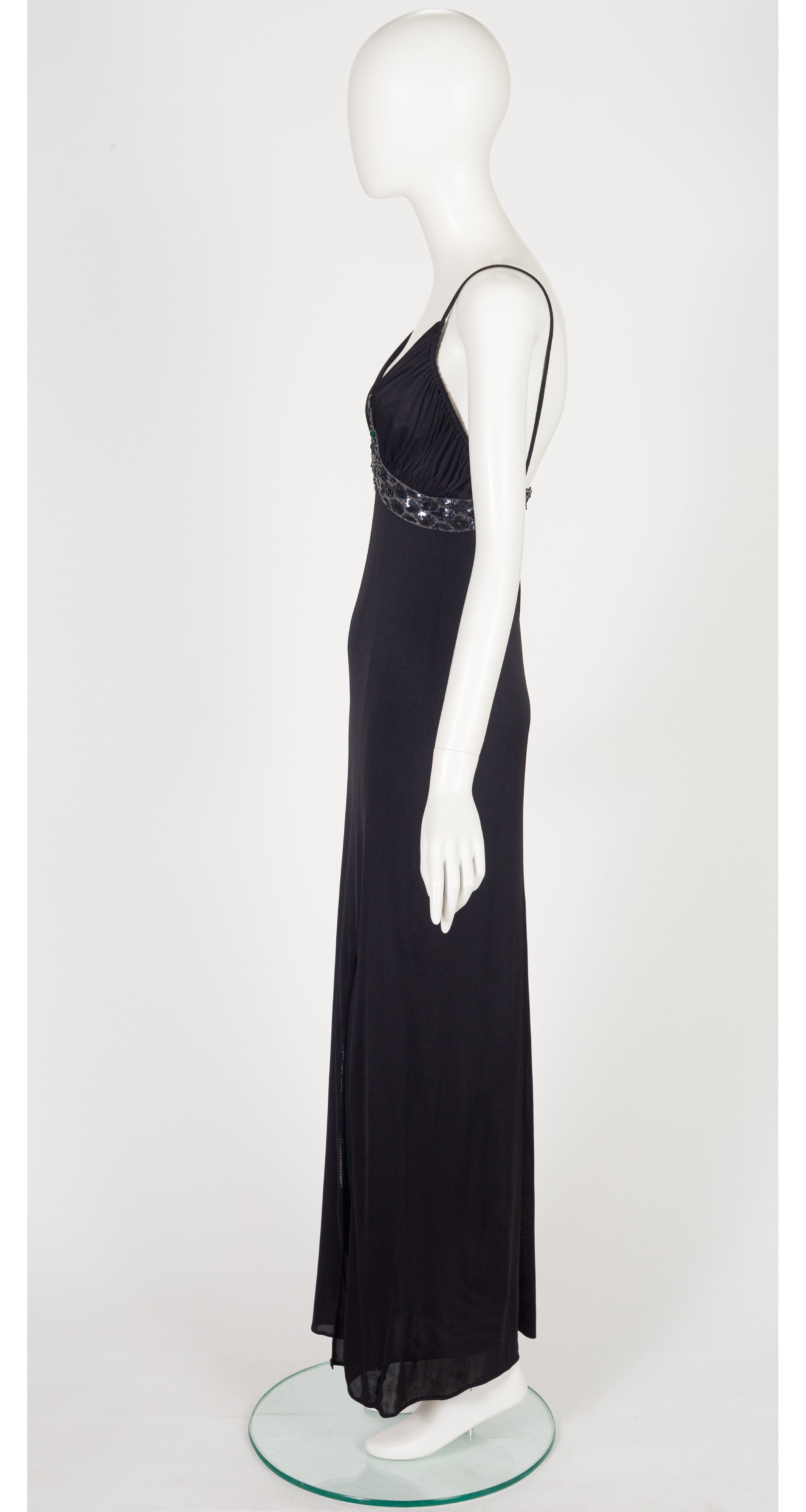 1970s Sequin Snake Black Jersey Evening Dress