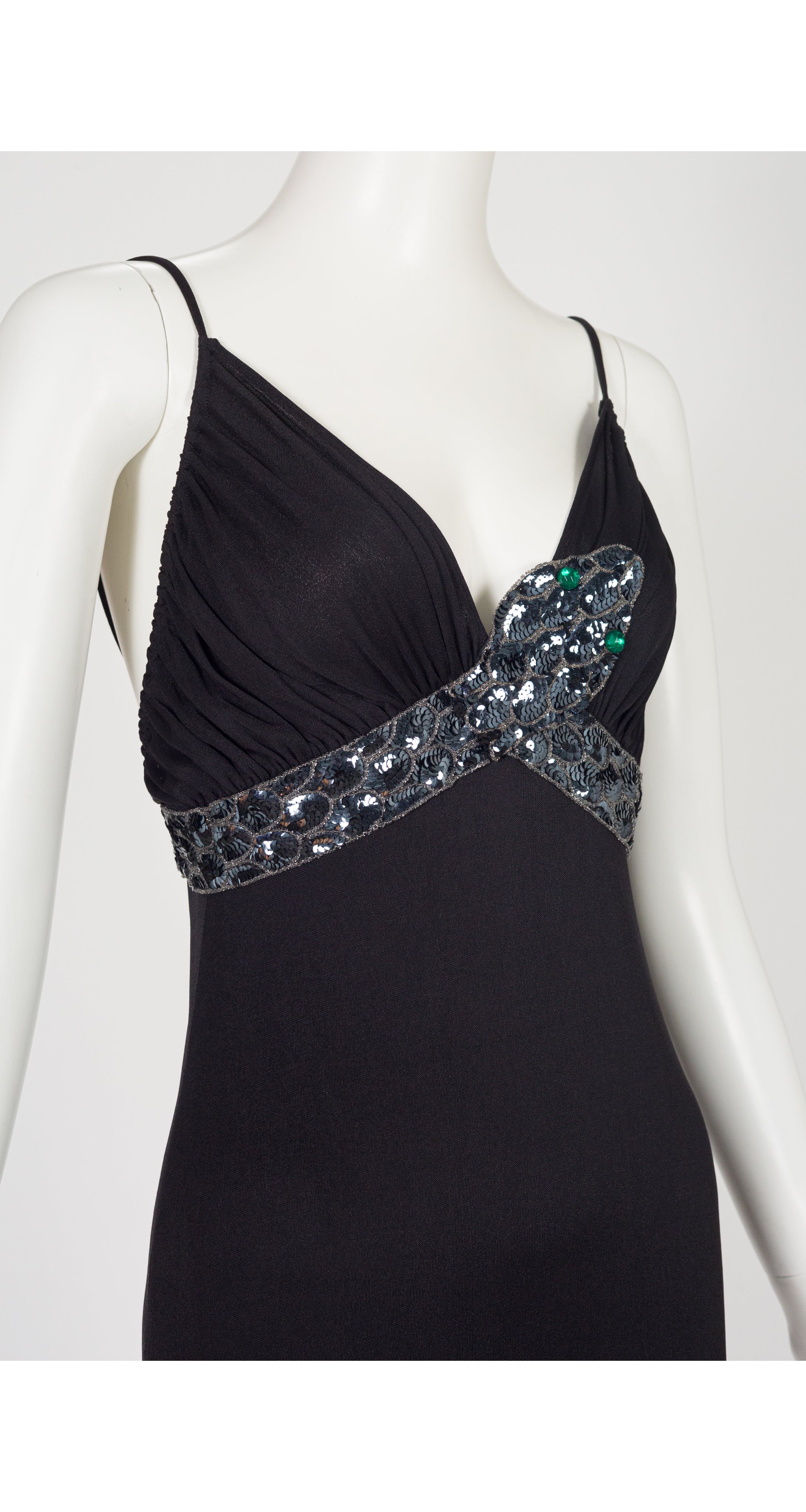 1970s Sequin Snake Black Jersey Evening Dress
