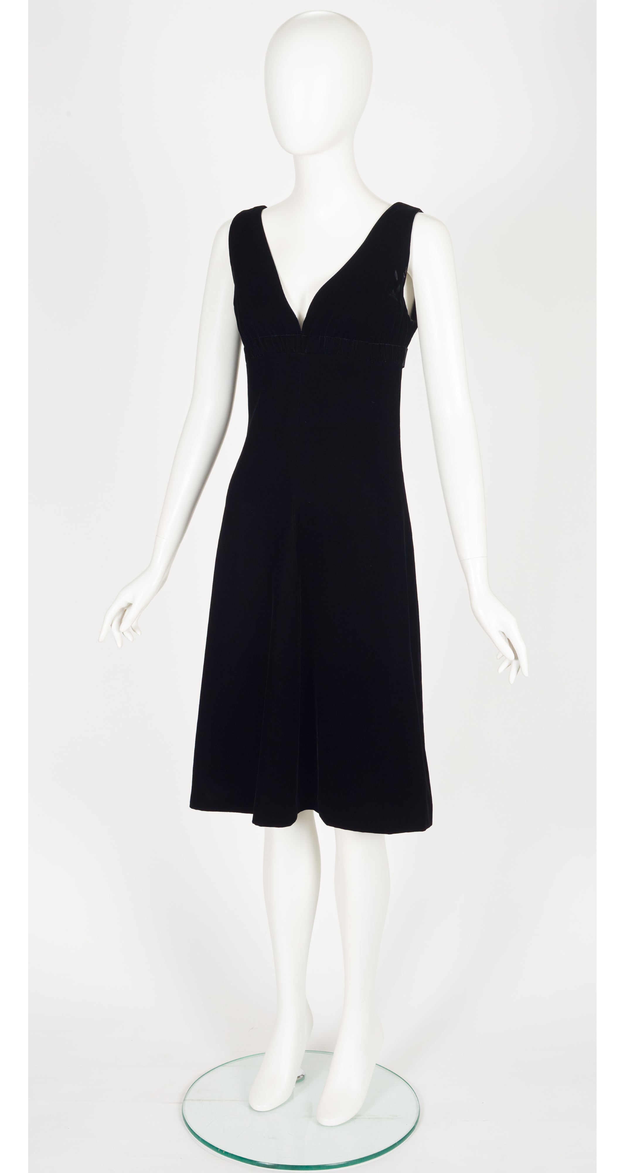 1970s Black Rayon Velvet V-Neck Evening Dress