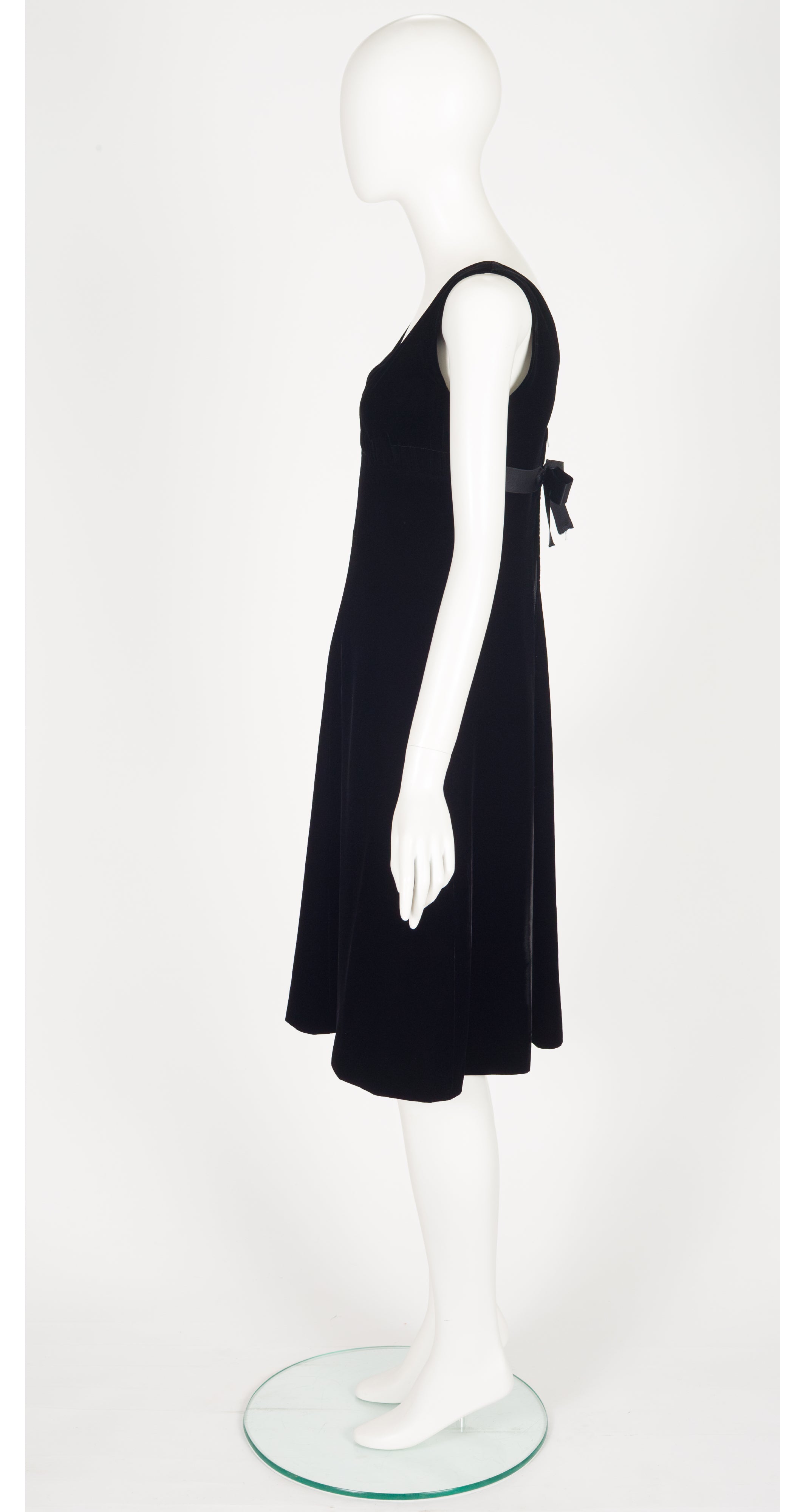 1970s Black Rayon Velvet V-Neck Evening Dress