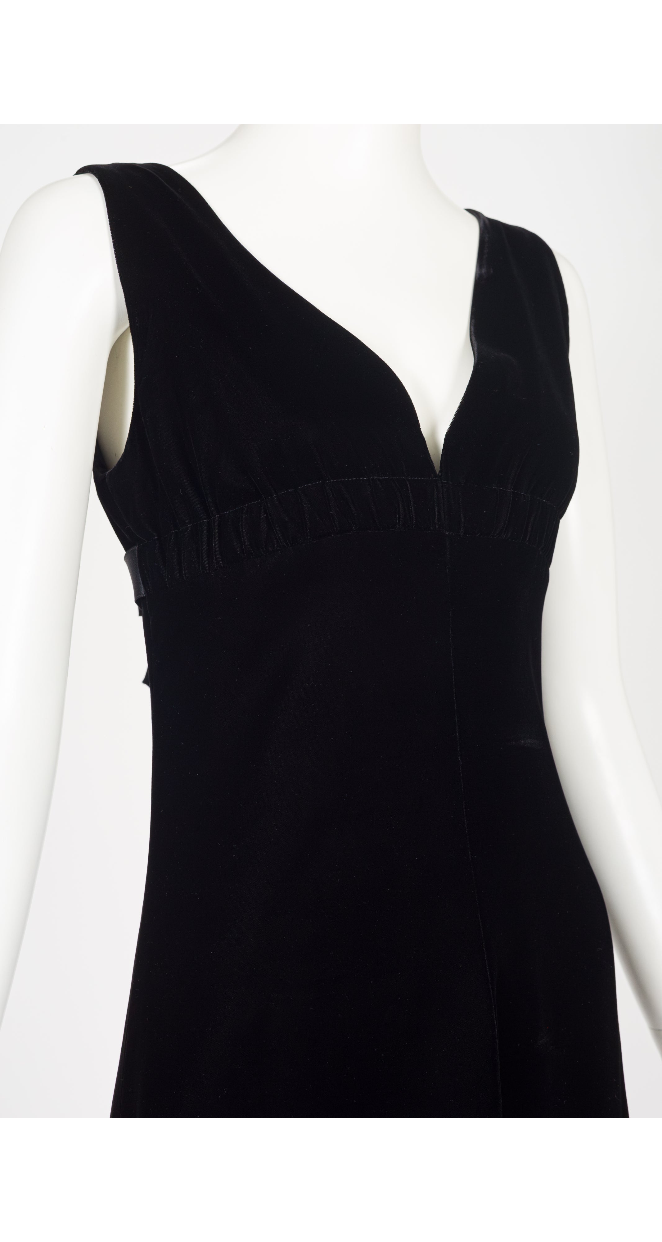 1970s Black Rayon Velvet V-Neck Evening Dress