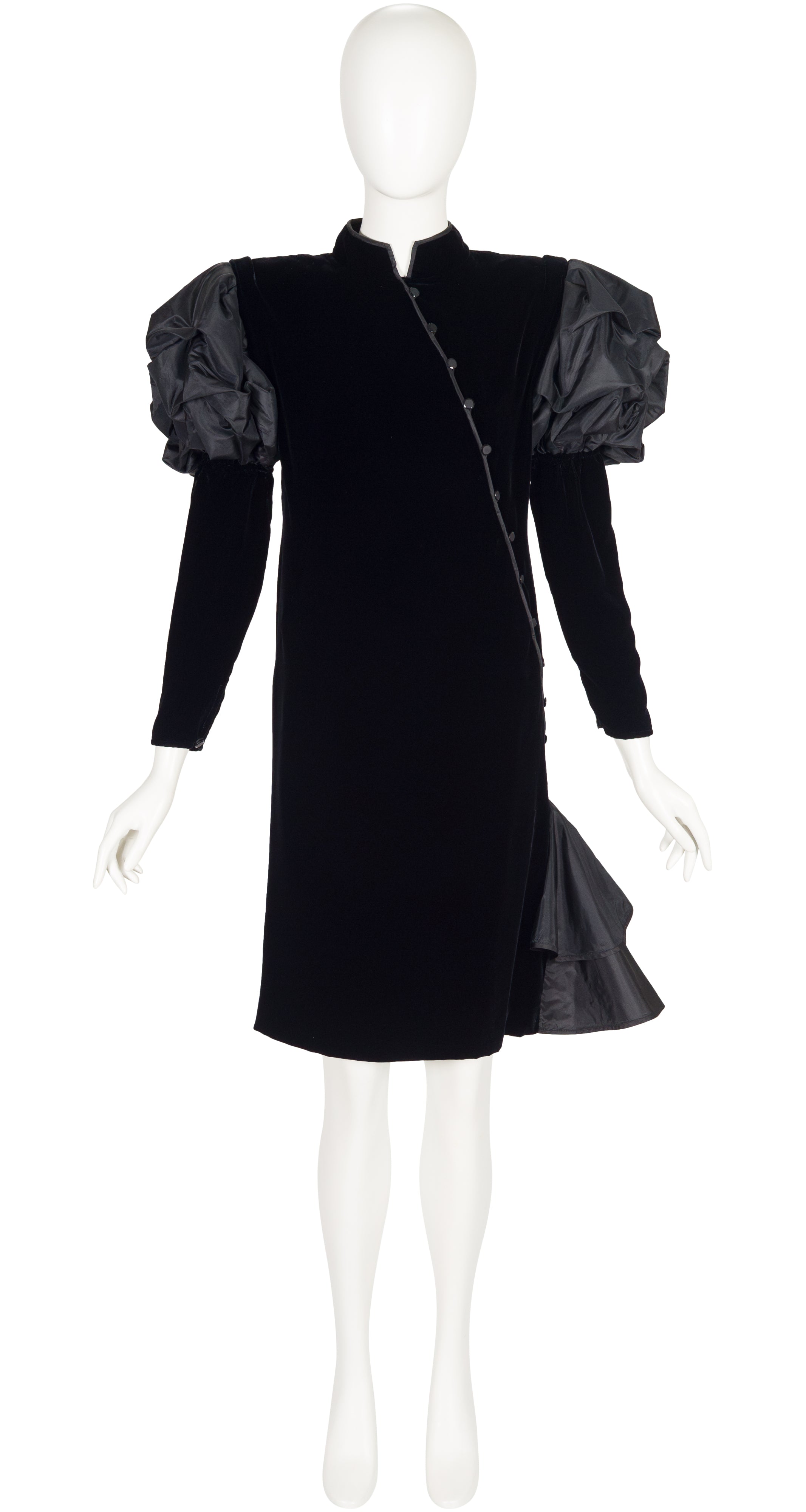 1980s Black Silk Velvet Juliet Sleeve Evening Dress