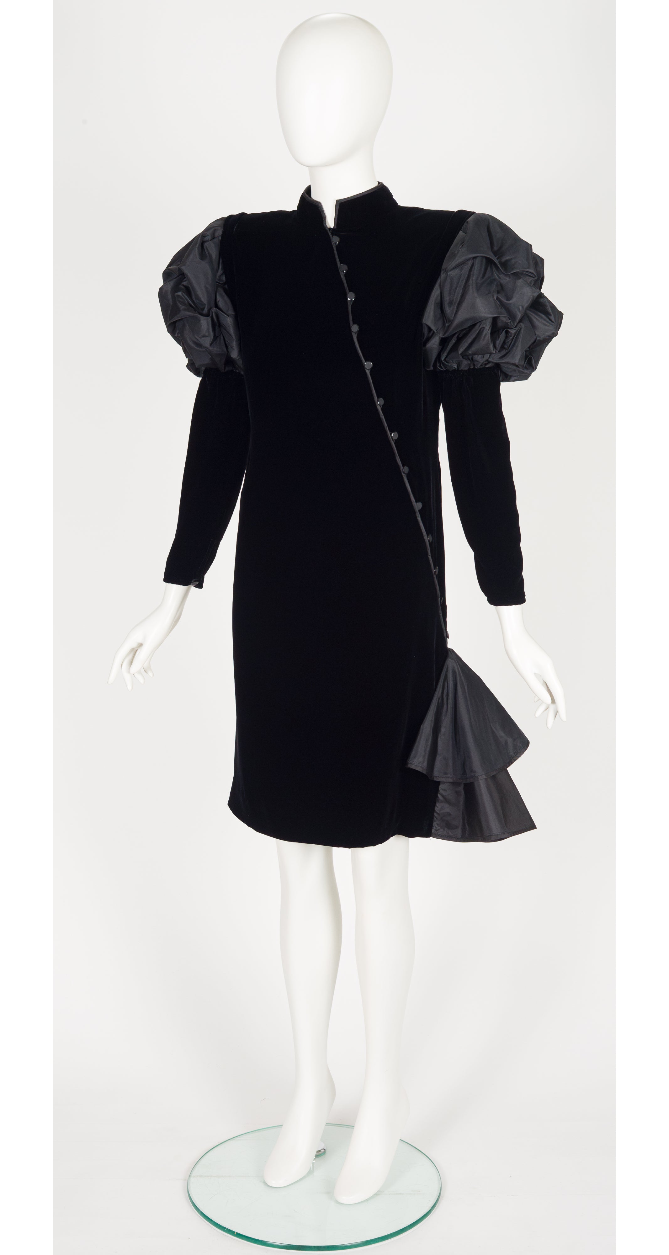 1980s Black Silk Velvet Juliet Sleeve Evening Dress