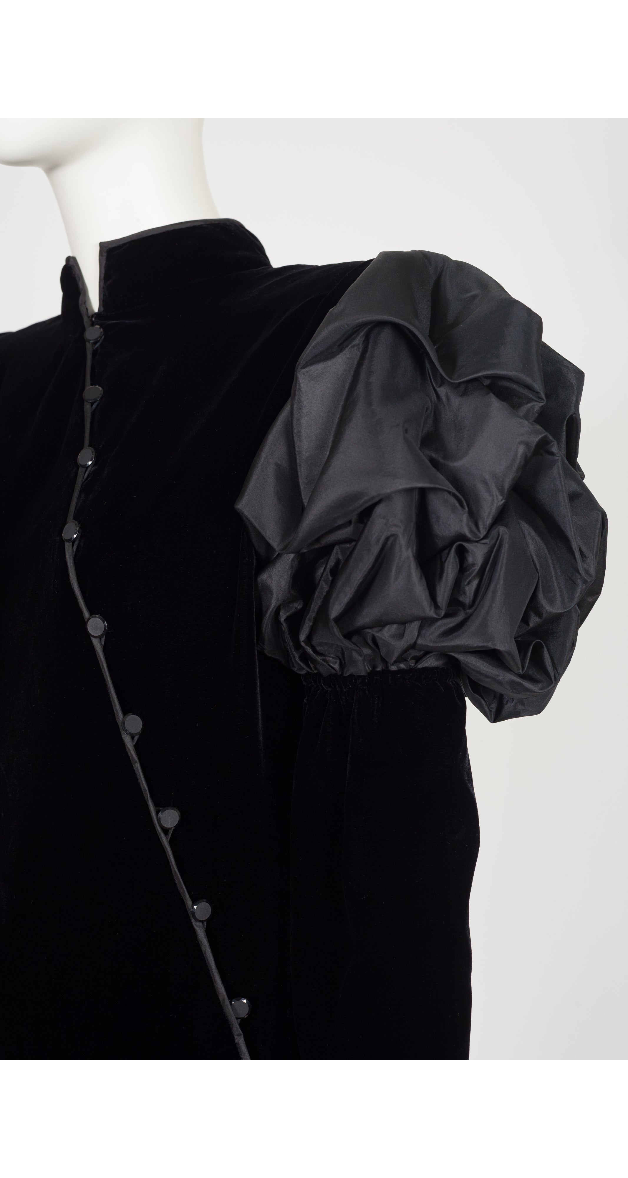 1980s Black Silk Velvet Juliet Sleeve Evening Dress