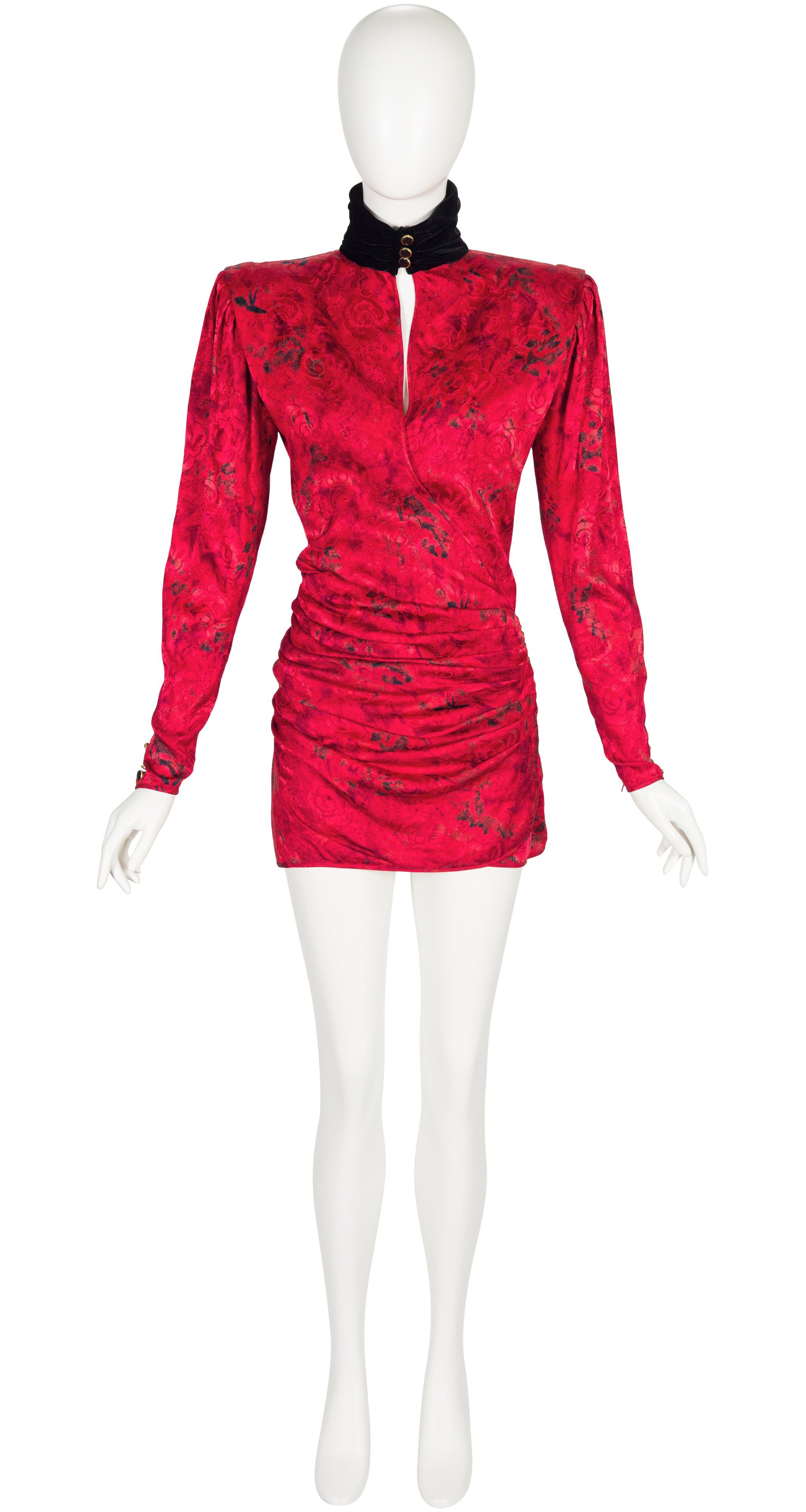 Front of a 1980s Emanuel Ungaro floral print red silk mini dress