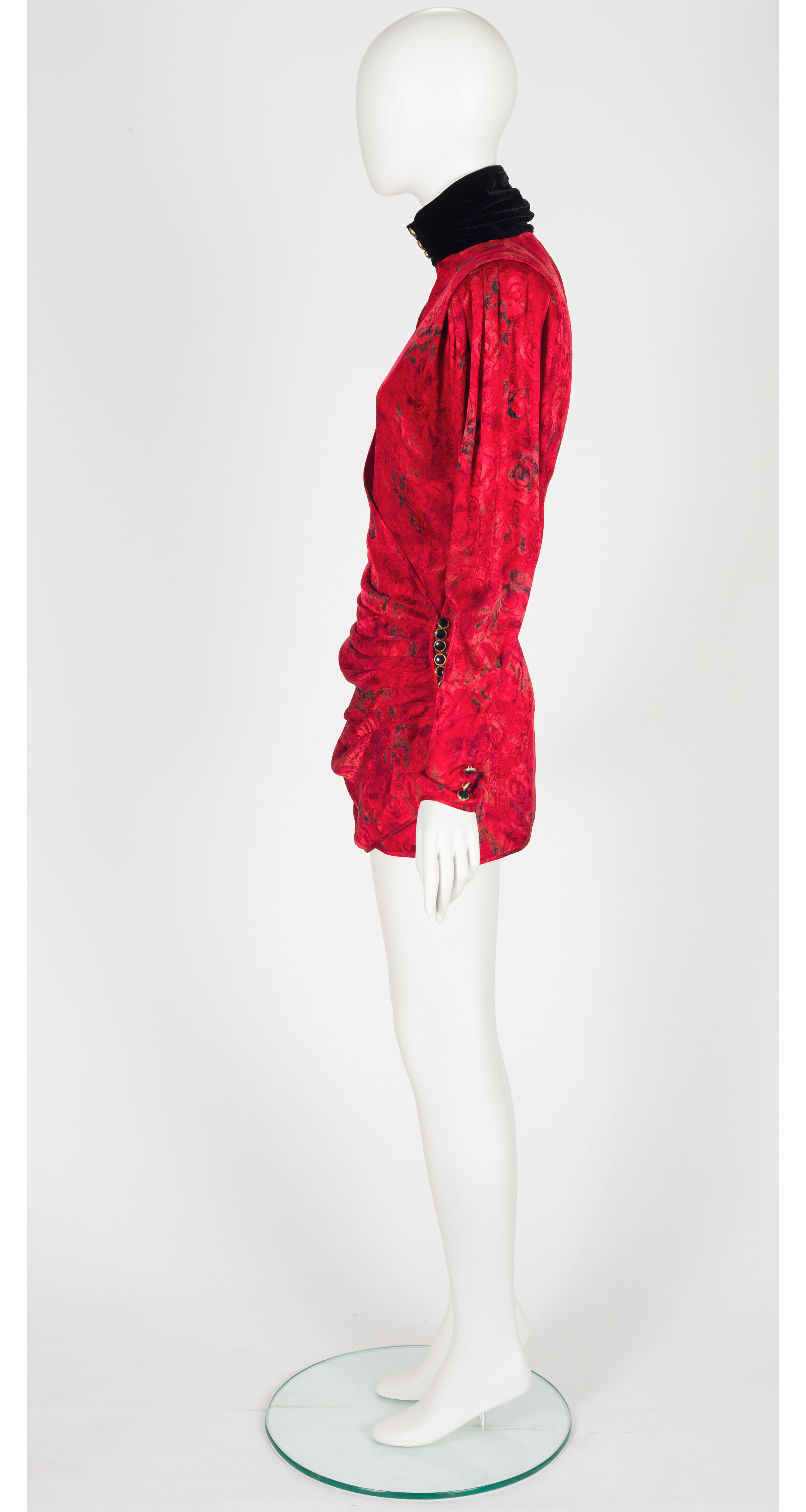 Side of a 1980s Emanuel Ungaro floral print red silk mini dress