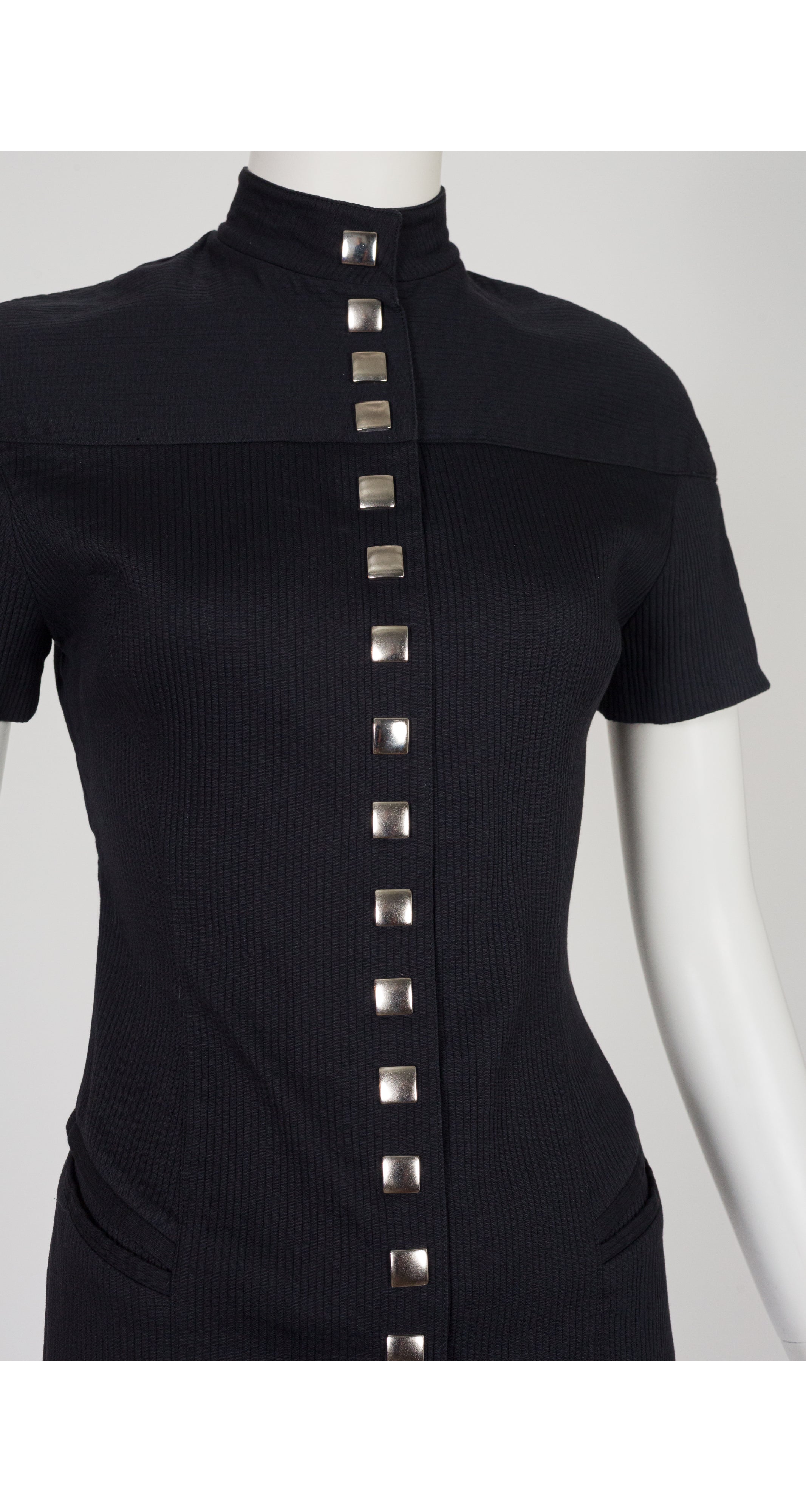1990s Futuristic Black Ribbed Cotton Snap-Up Mini Dress