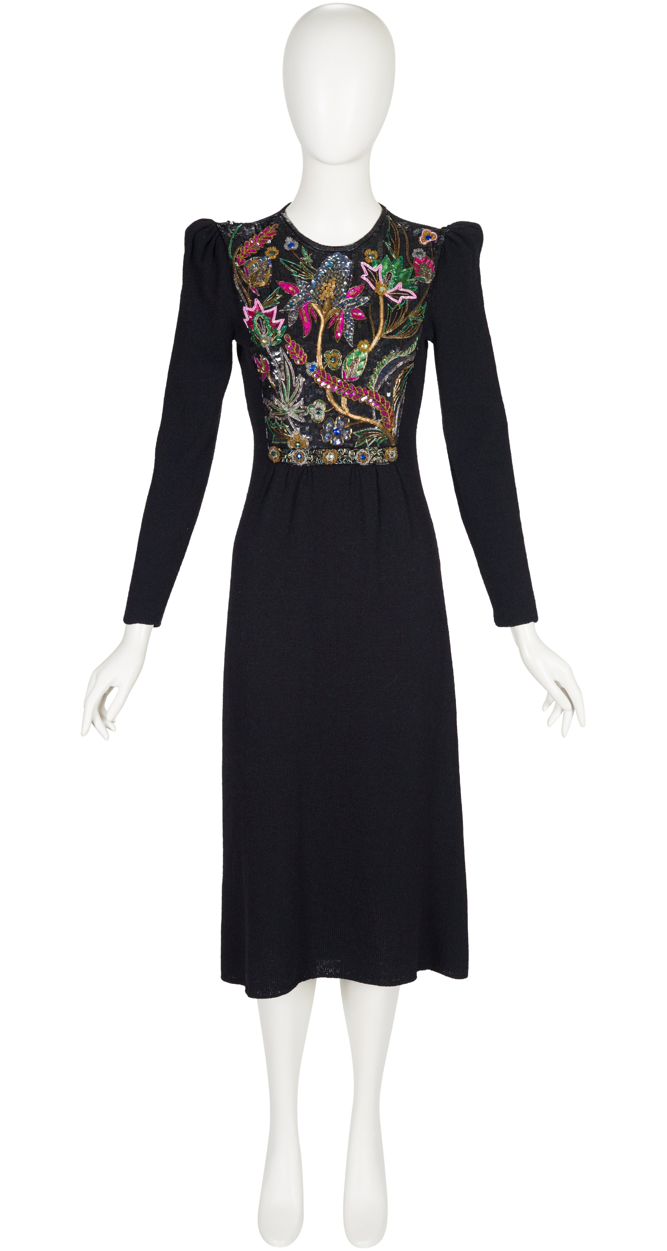 1980s Floral Embellished Black Knit Evening Dress
