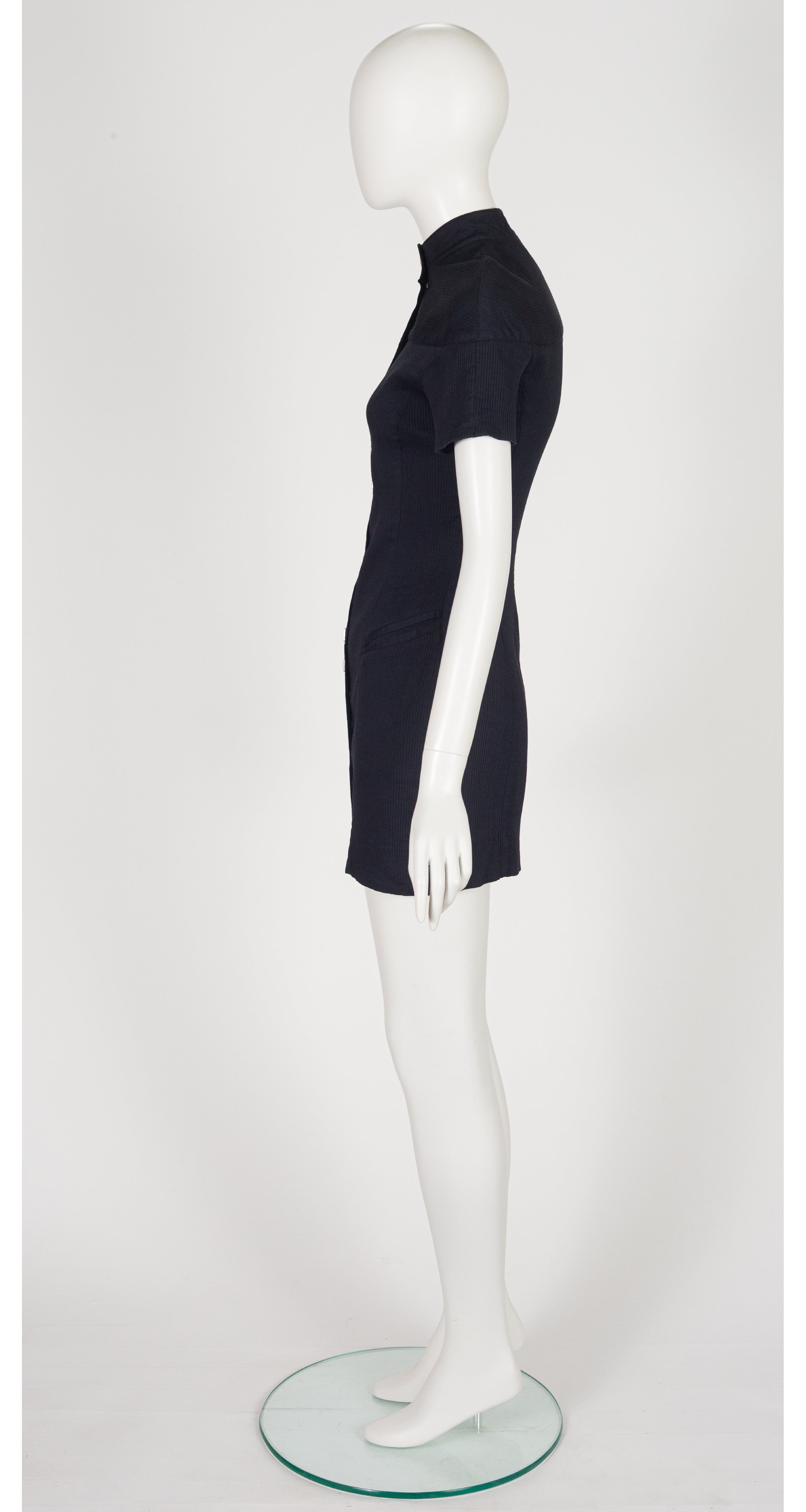 1990s Futuristic Black Ribbed Cotton Snap-Up Mini Dress