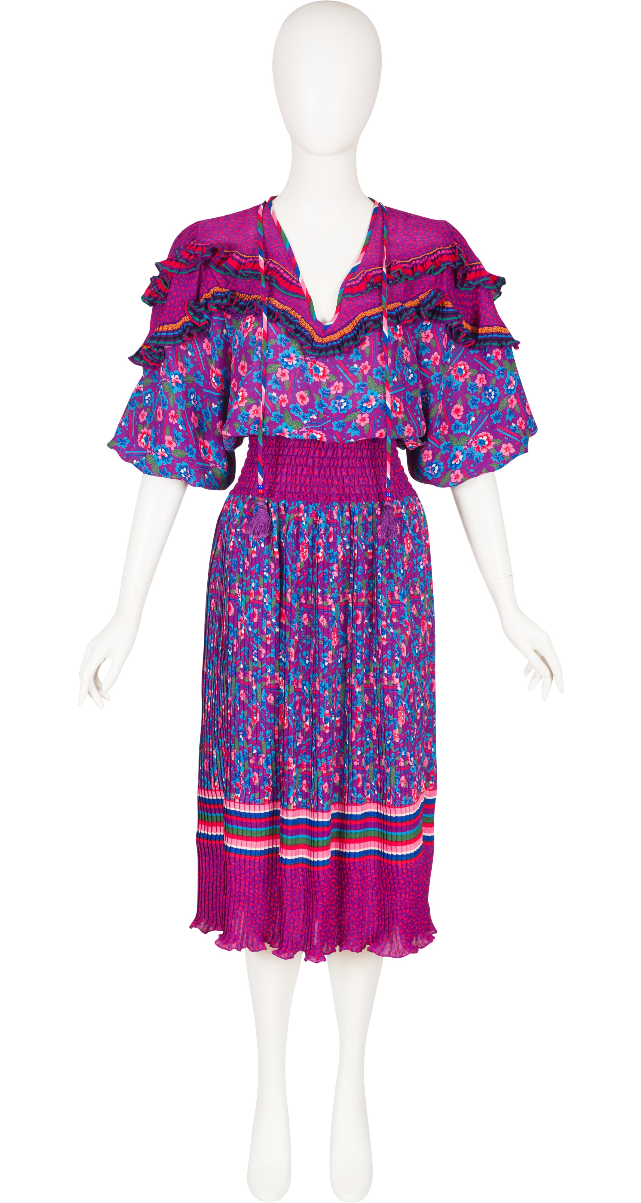 1980s Floral Mixed Print Ruffle Collar Dress