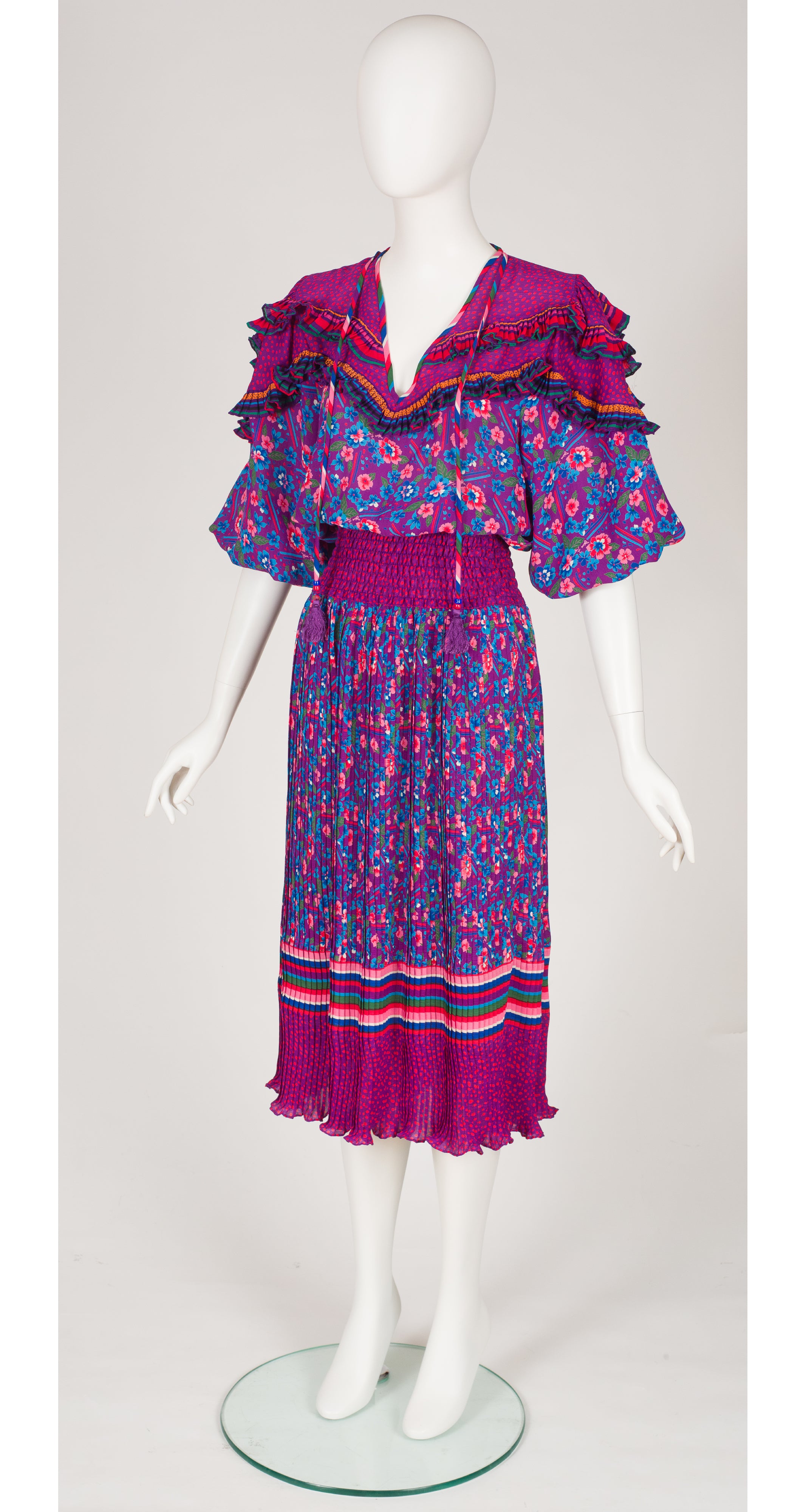 1980s Floral Mixed Print Ruffle Collar Dress