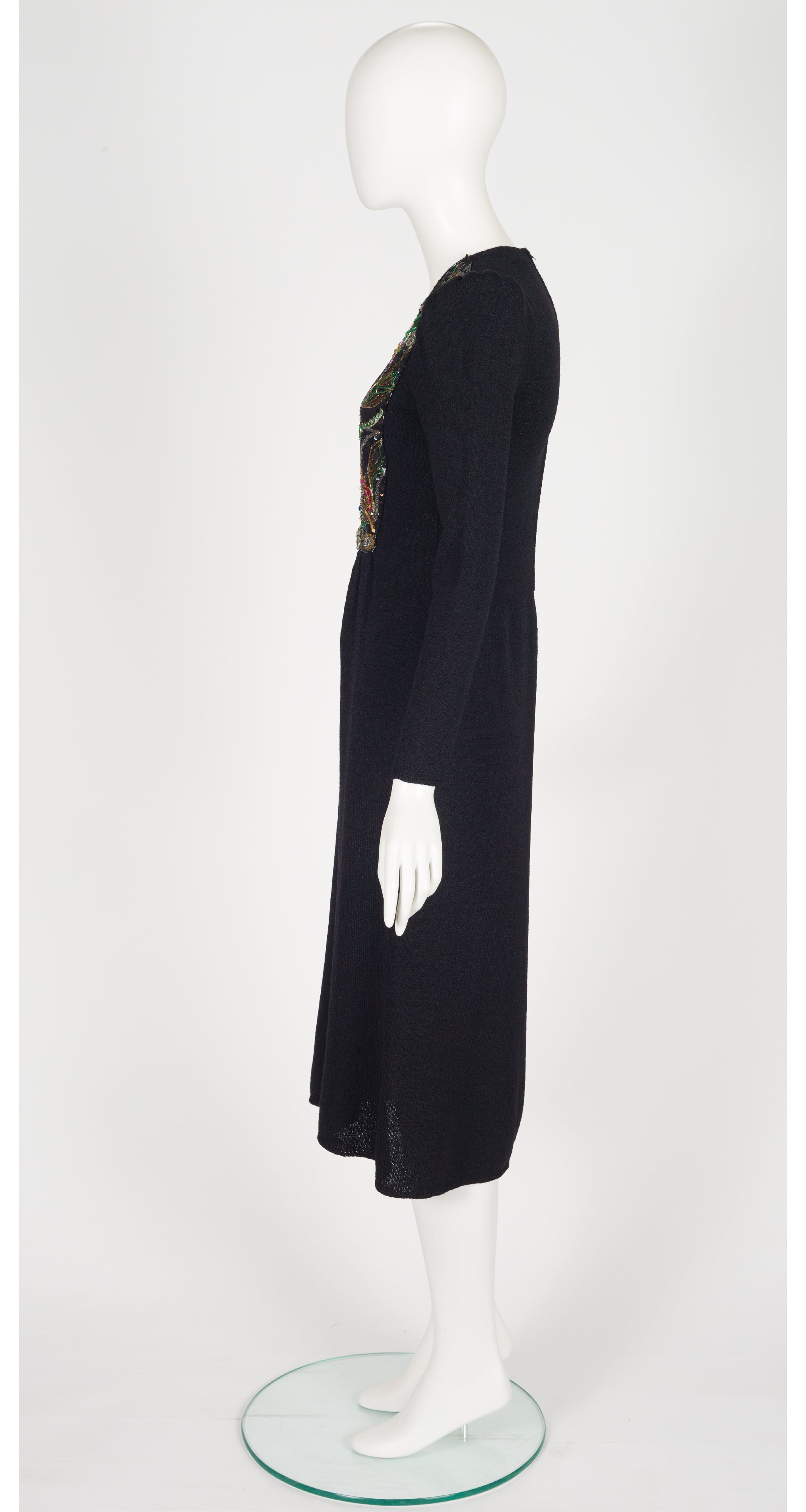 1980s Floral Embellished Black Knit Evening Dress