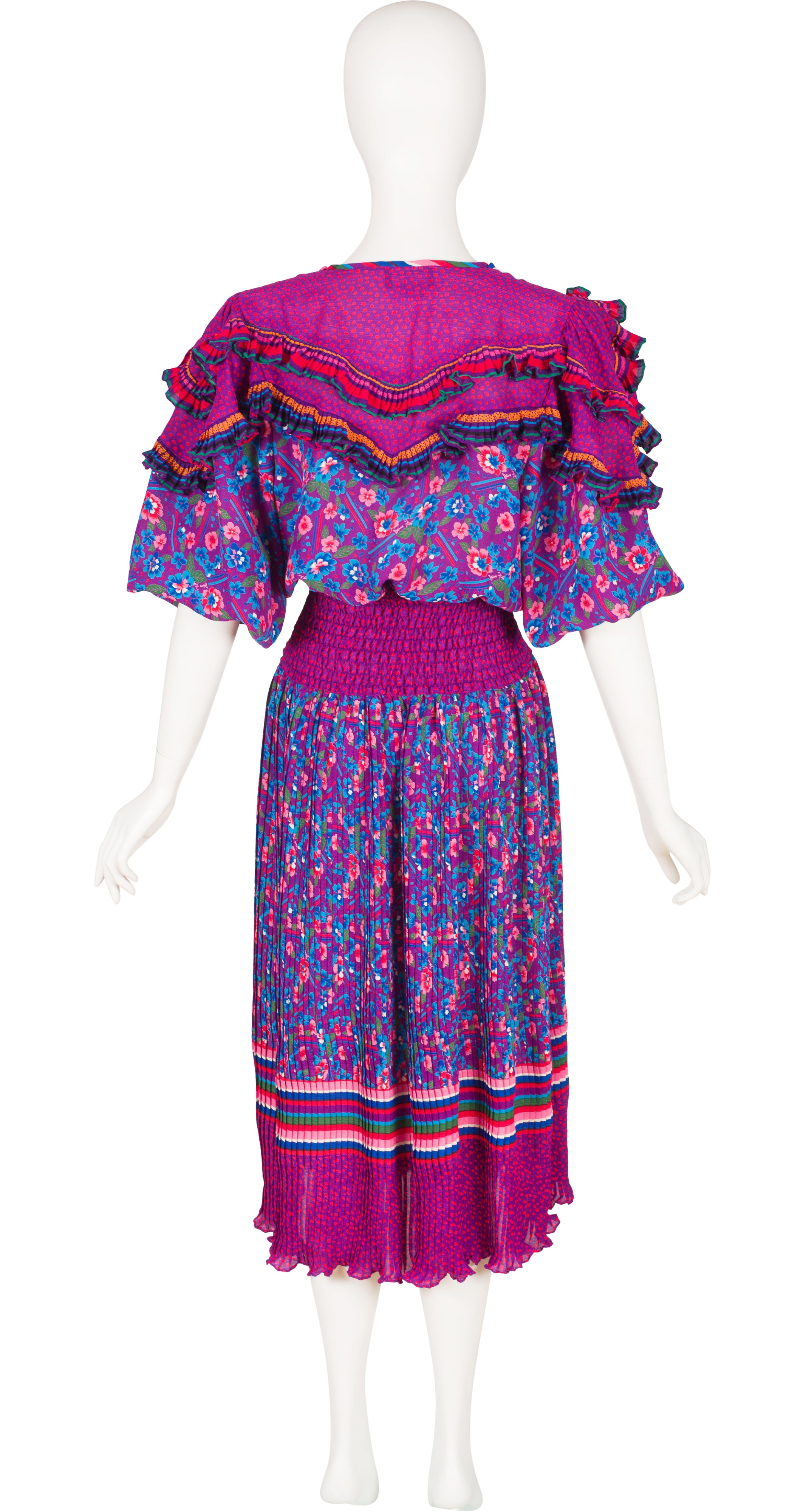 1980s Floral Mixed Print Ruffle Collar Dress