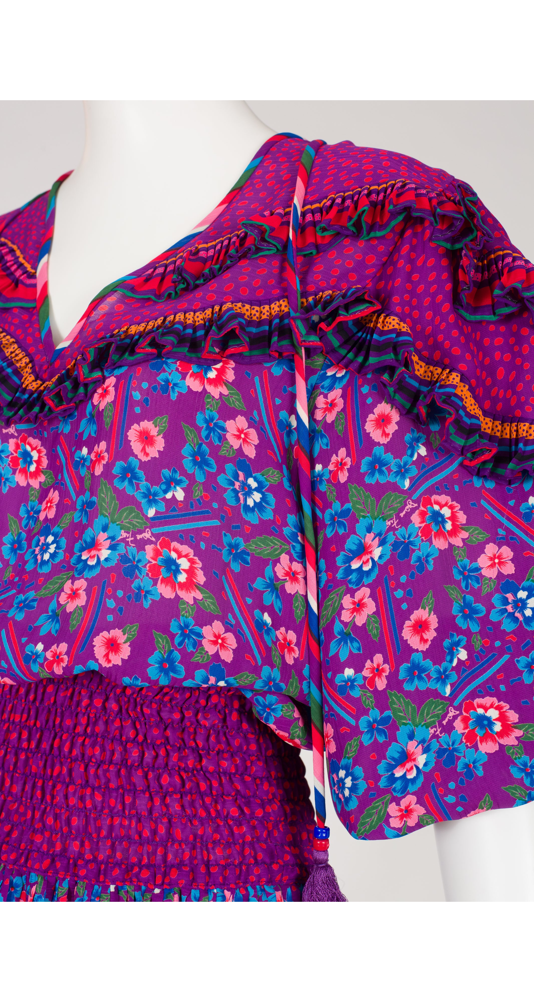 1980s Floral Mixed Print Ruffle Collar Dress