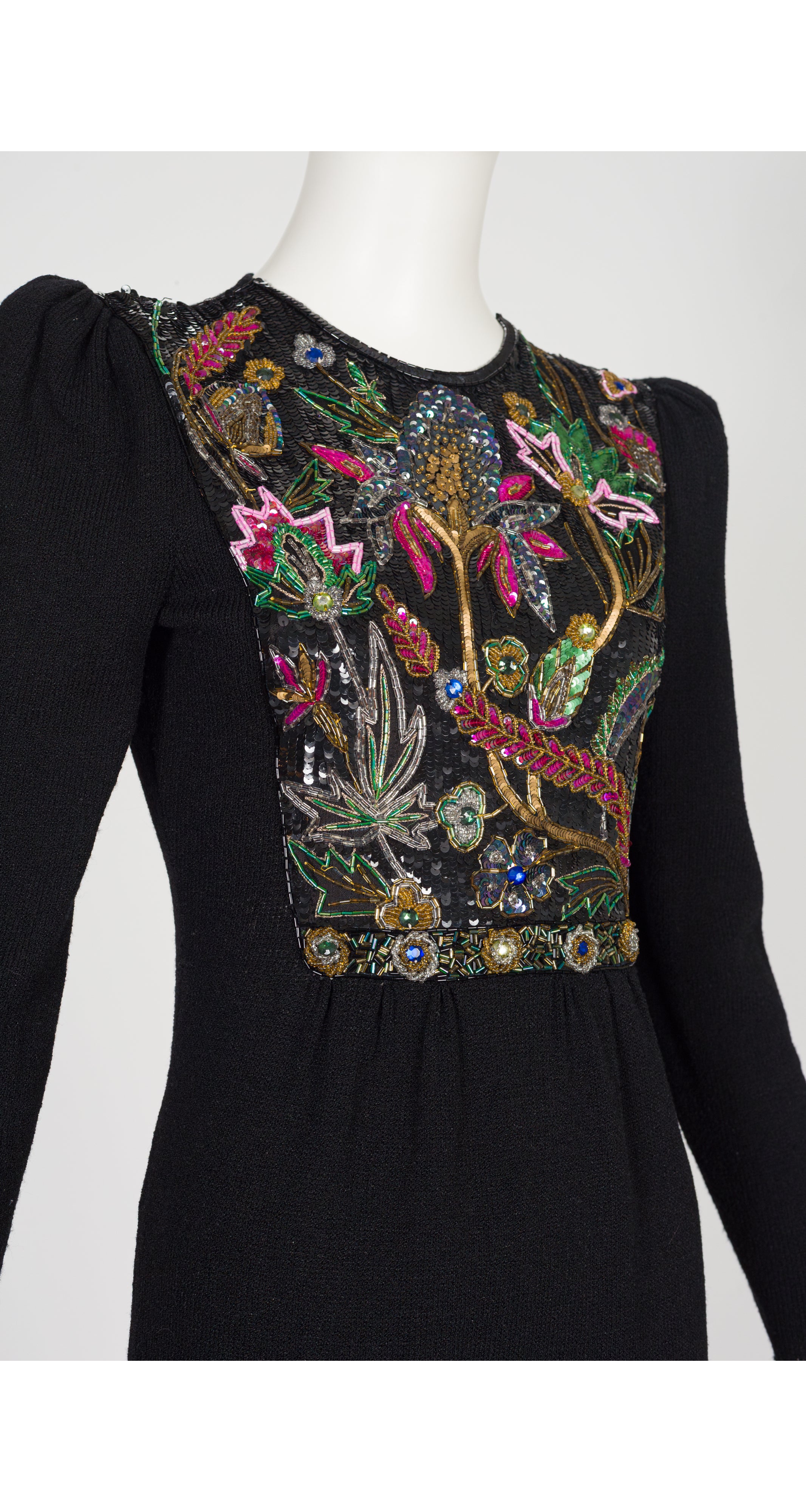 1980s Floral Embellished Black Knit Evening Dress