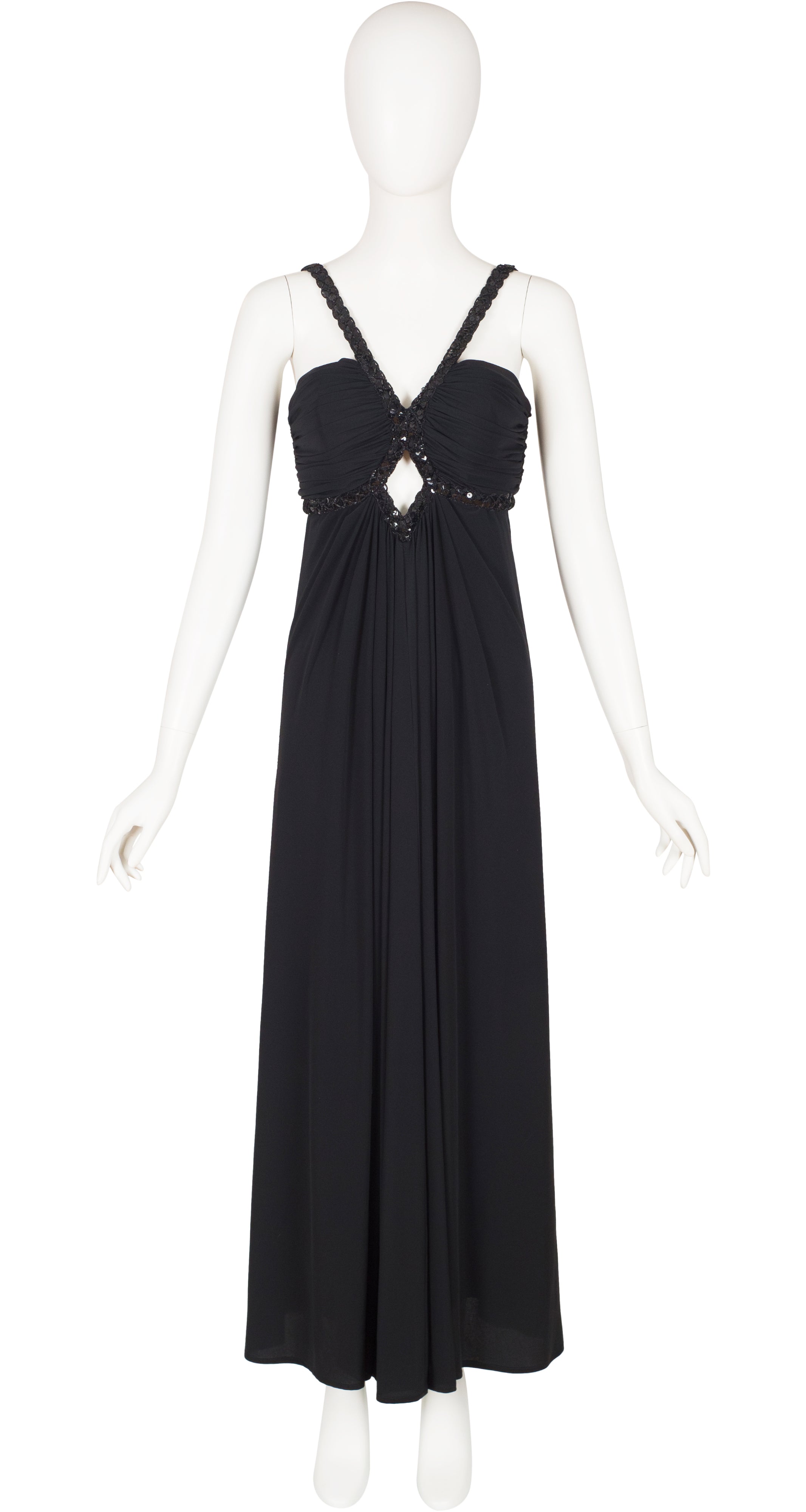 1980s Sequin Cut-Out Black Jersey Evening Gown