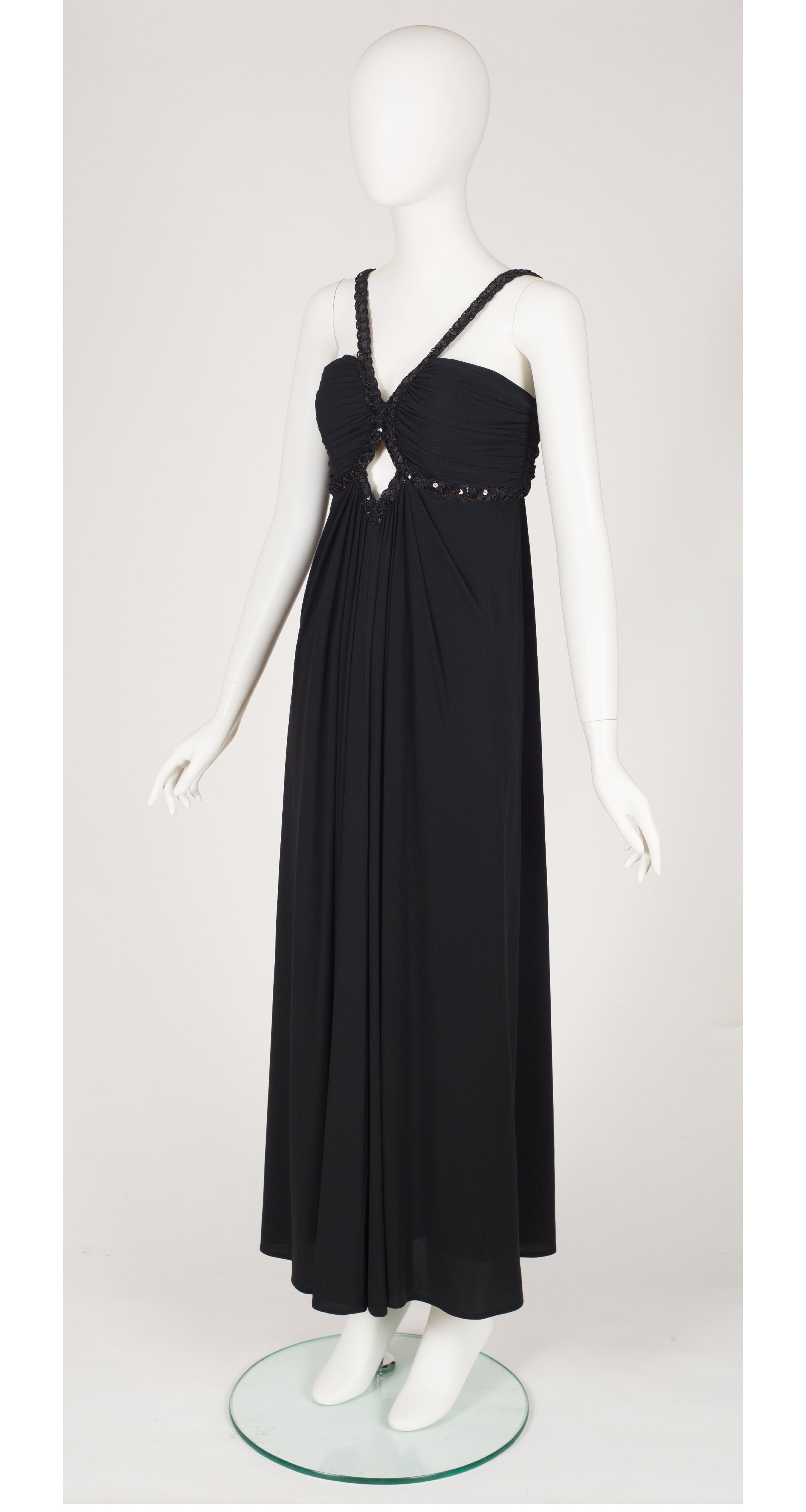 1980s Sequin Cut-Out Black Jersey Evening Gown