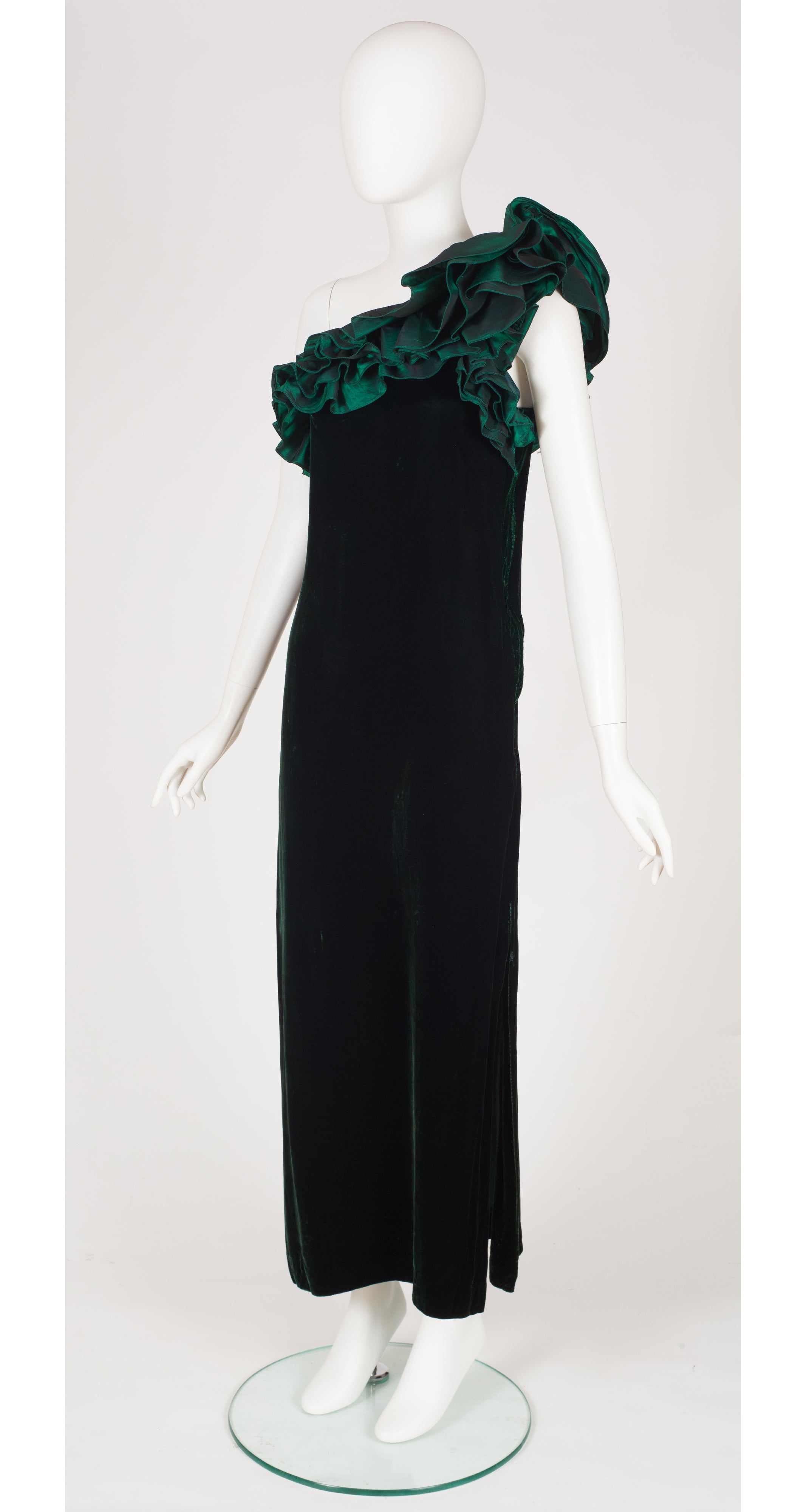 1980s Green Velvet Ruffle Collar One-Shoulder Gown