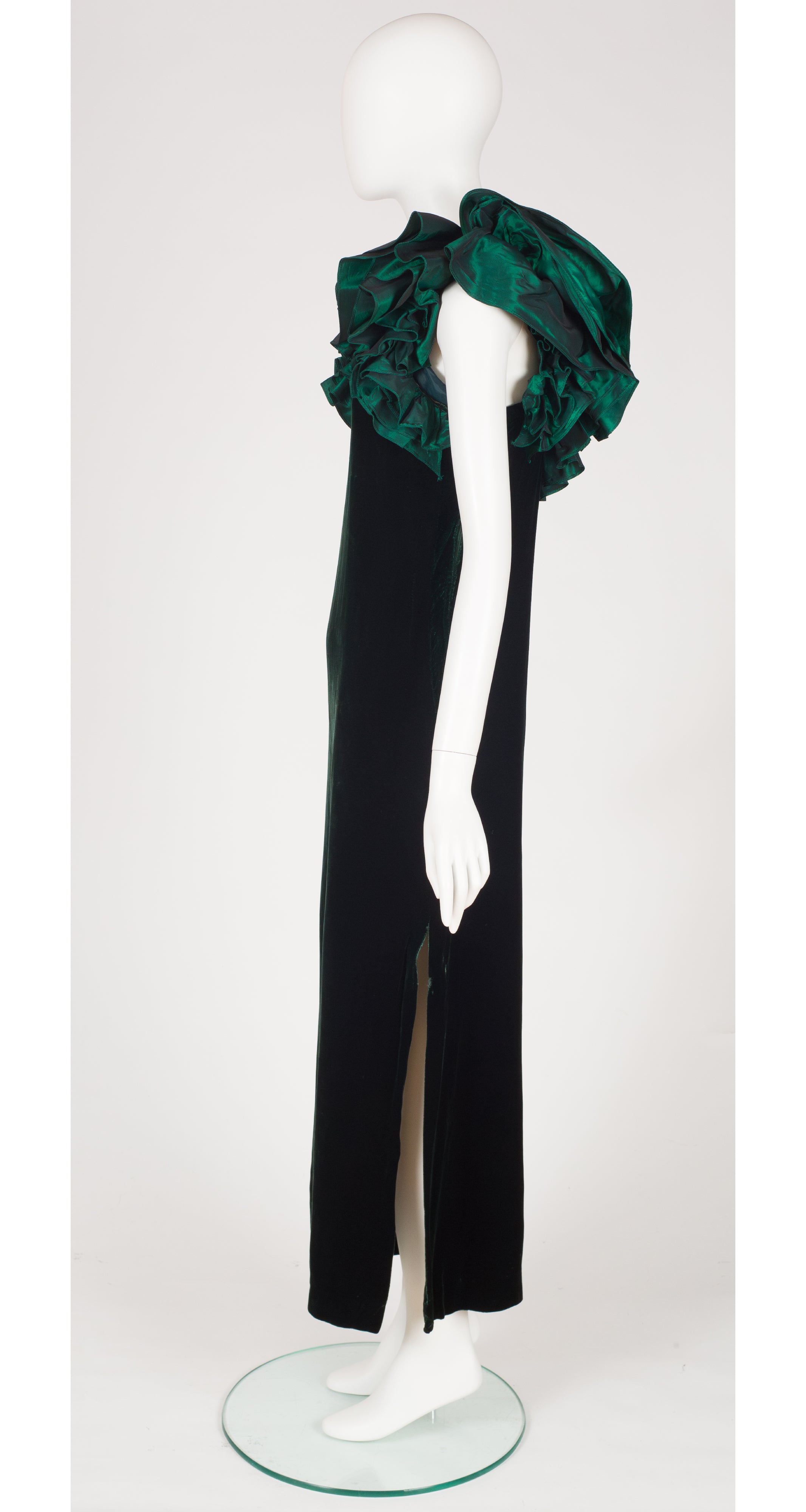 1980s Green Velvet Ruffle Collar One-Shoulder Gown
