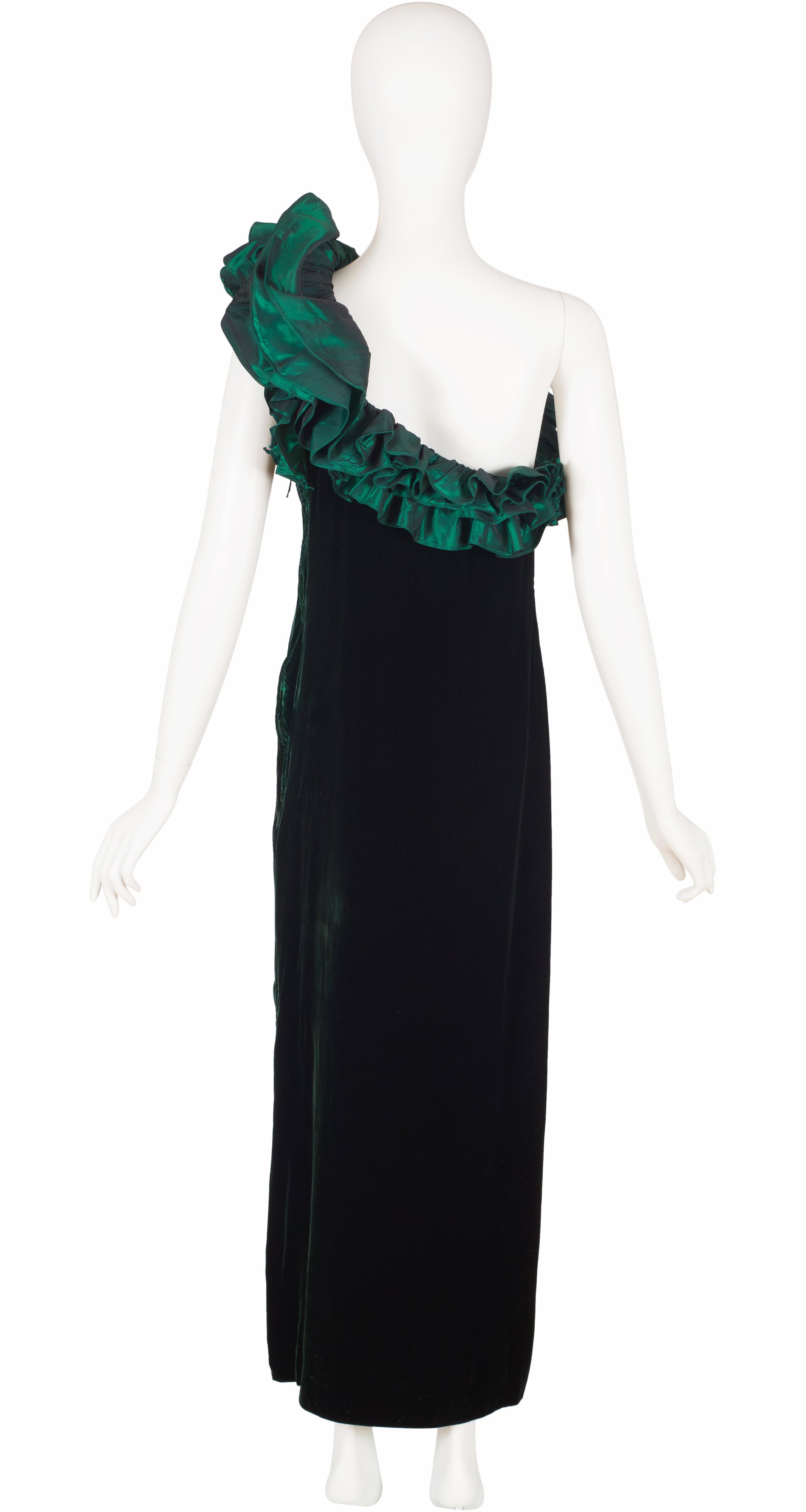 1980s Green Velvet Ruffle Collar One-Shoulder Gown