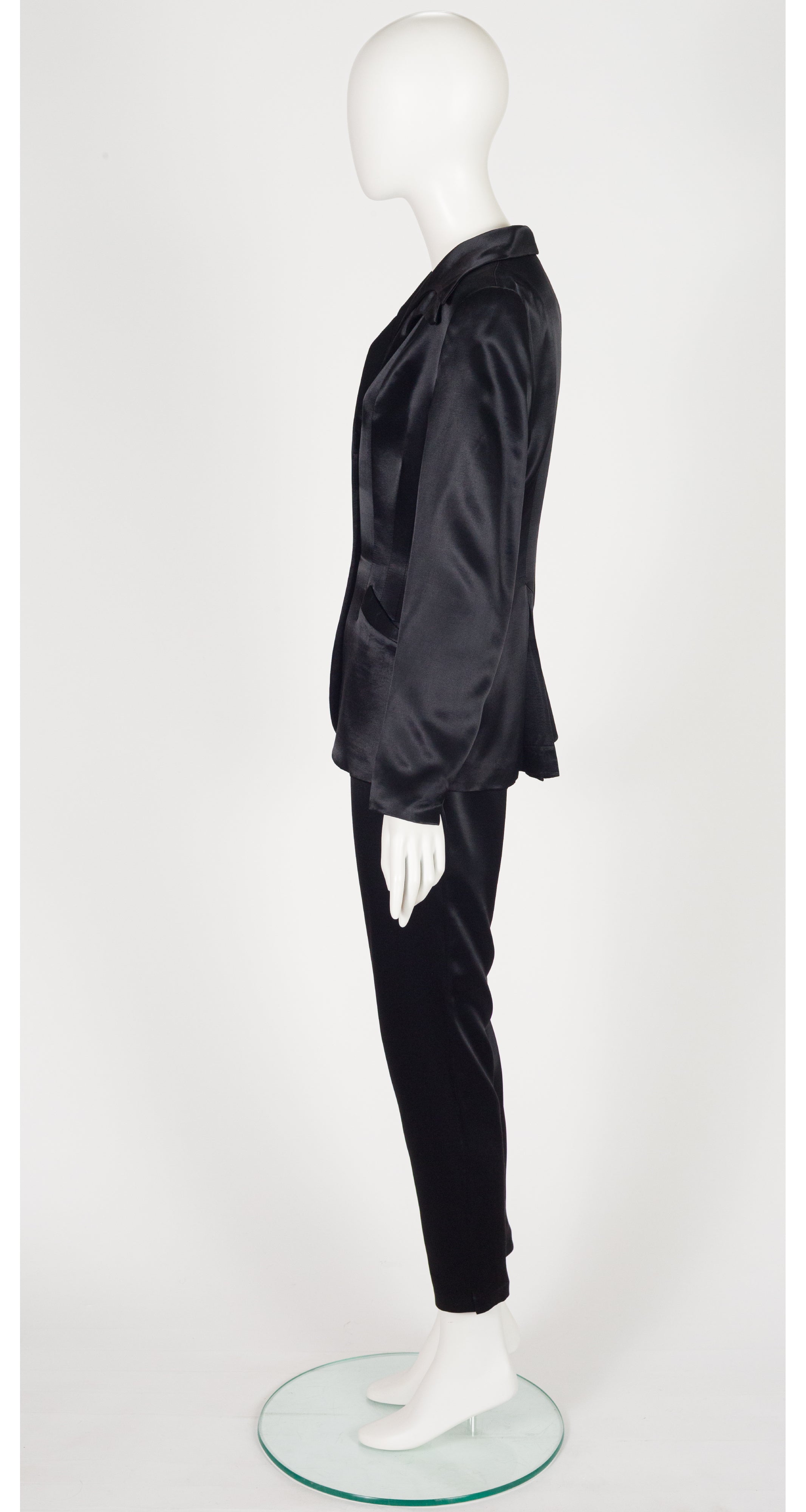 1995 F/W Black Rayon Satin Layered Lapel Pant Suit
