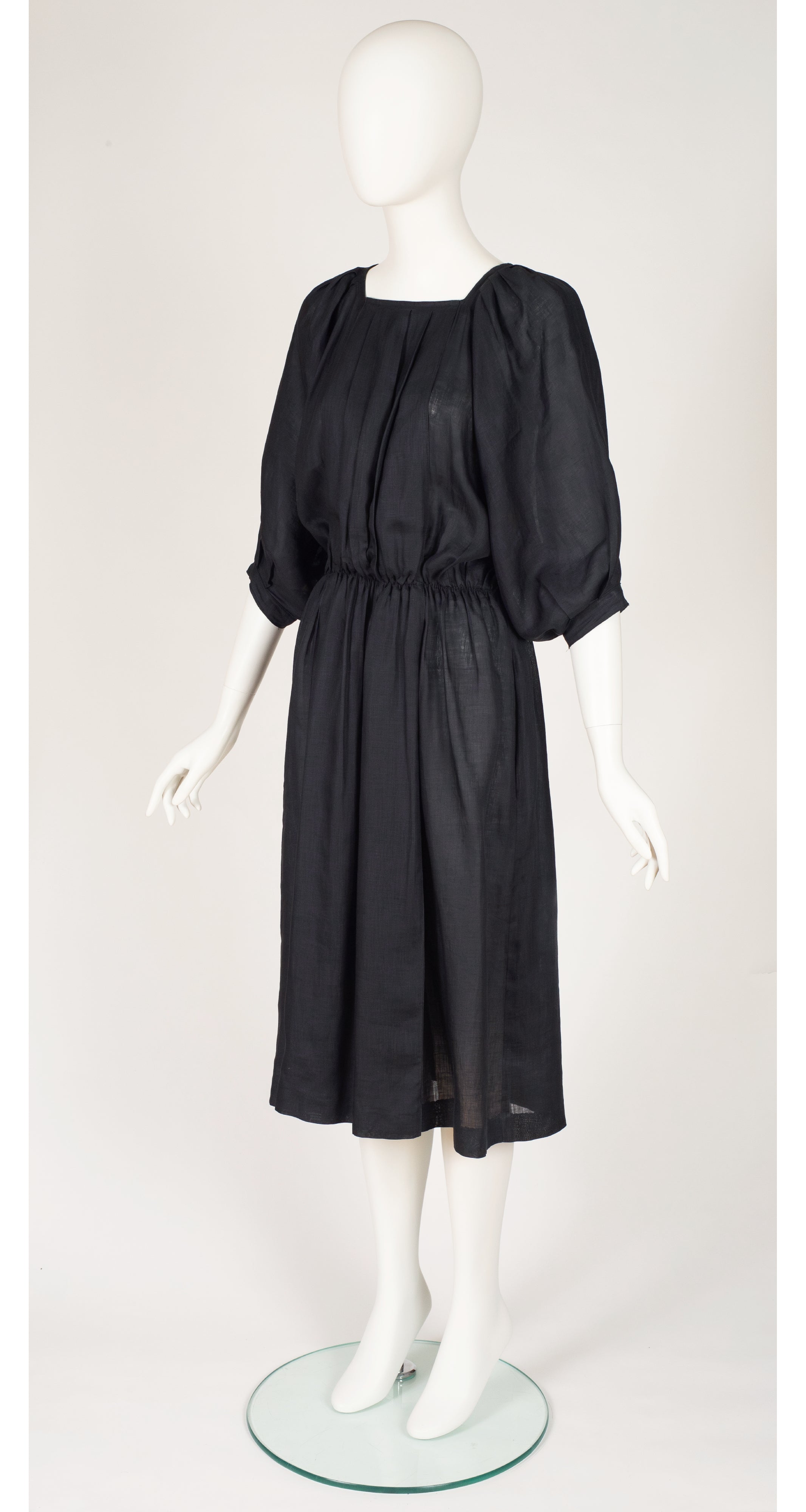 1980s Black Linen Pleated Blouson Dress
