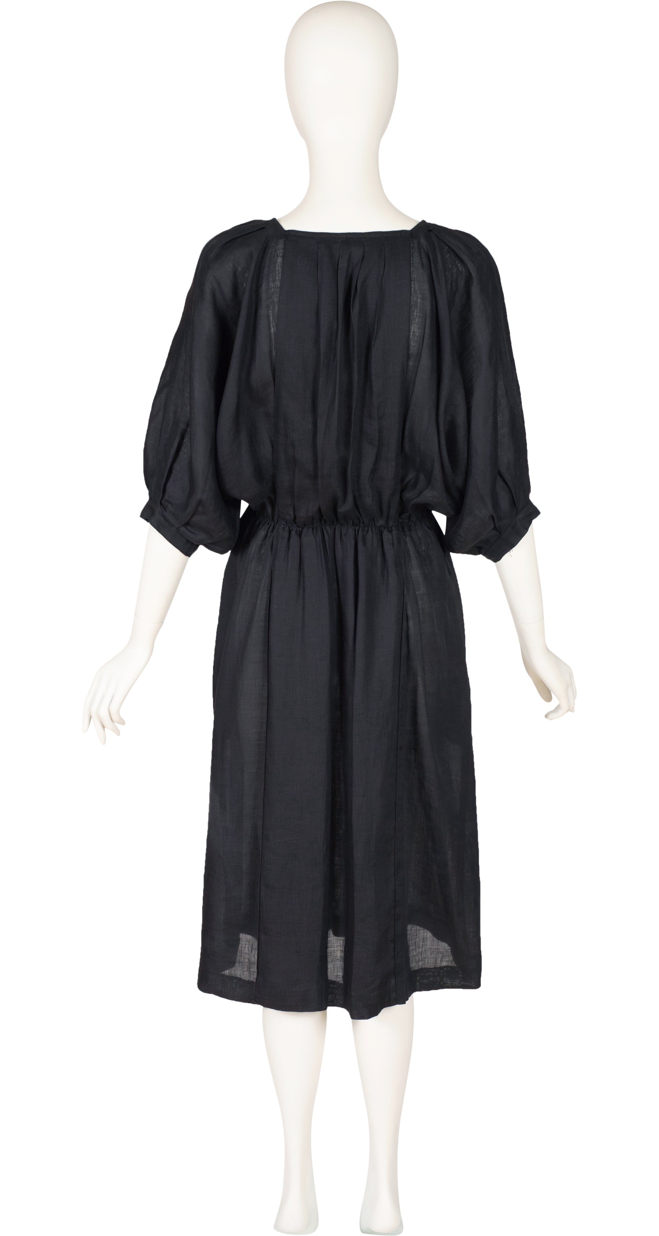1980s Black Linen Pleated Blouson Dress