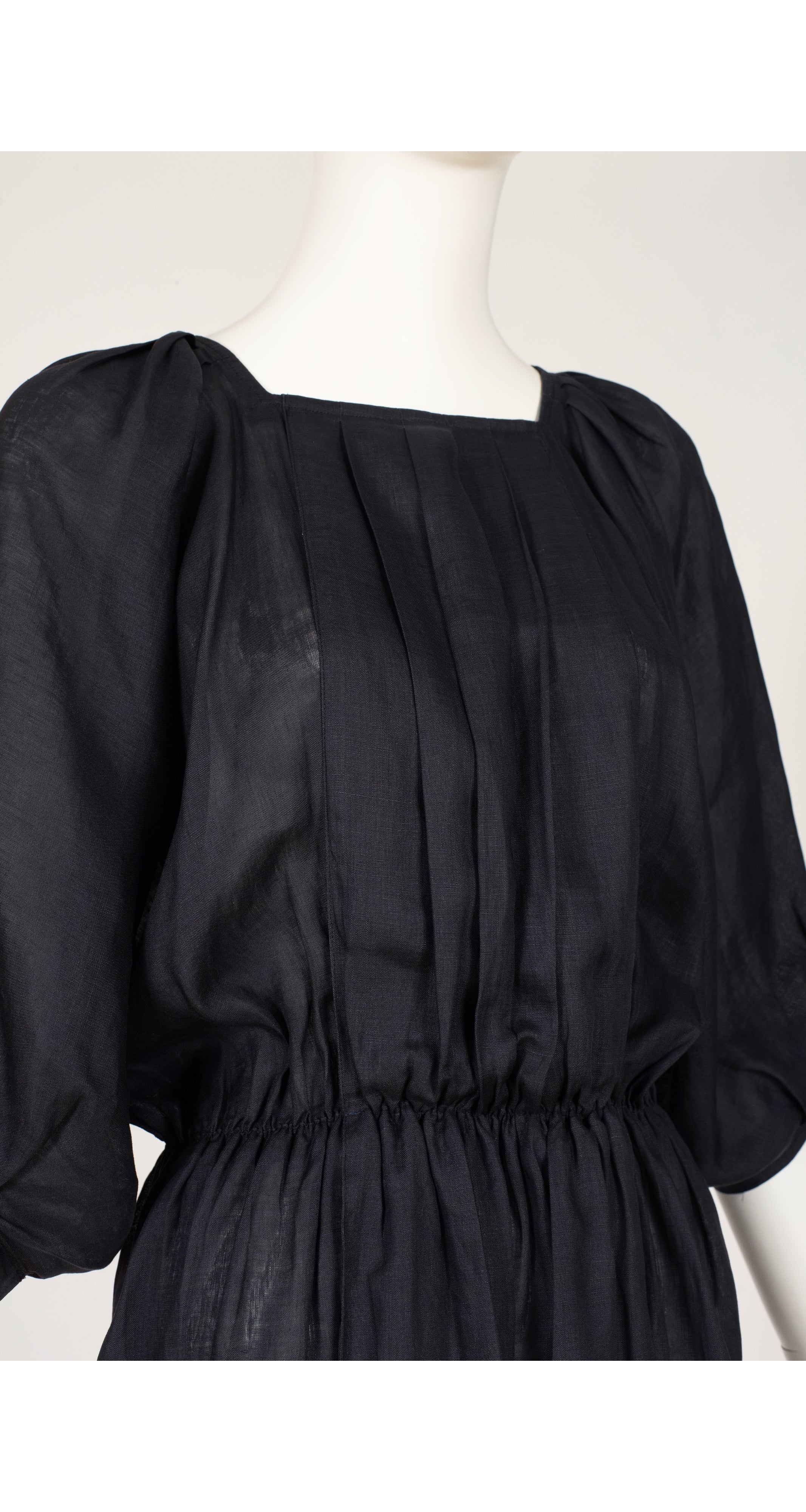 1980s Black Linen Pleated Blouson Dress