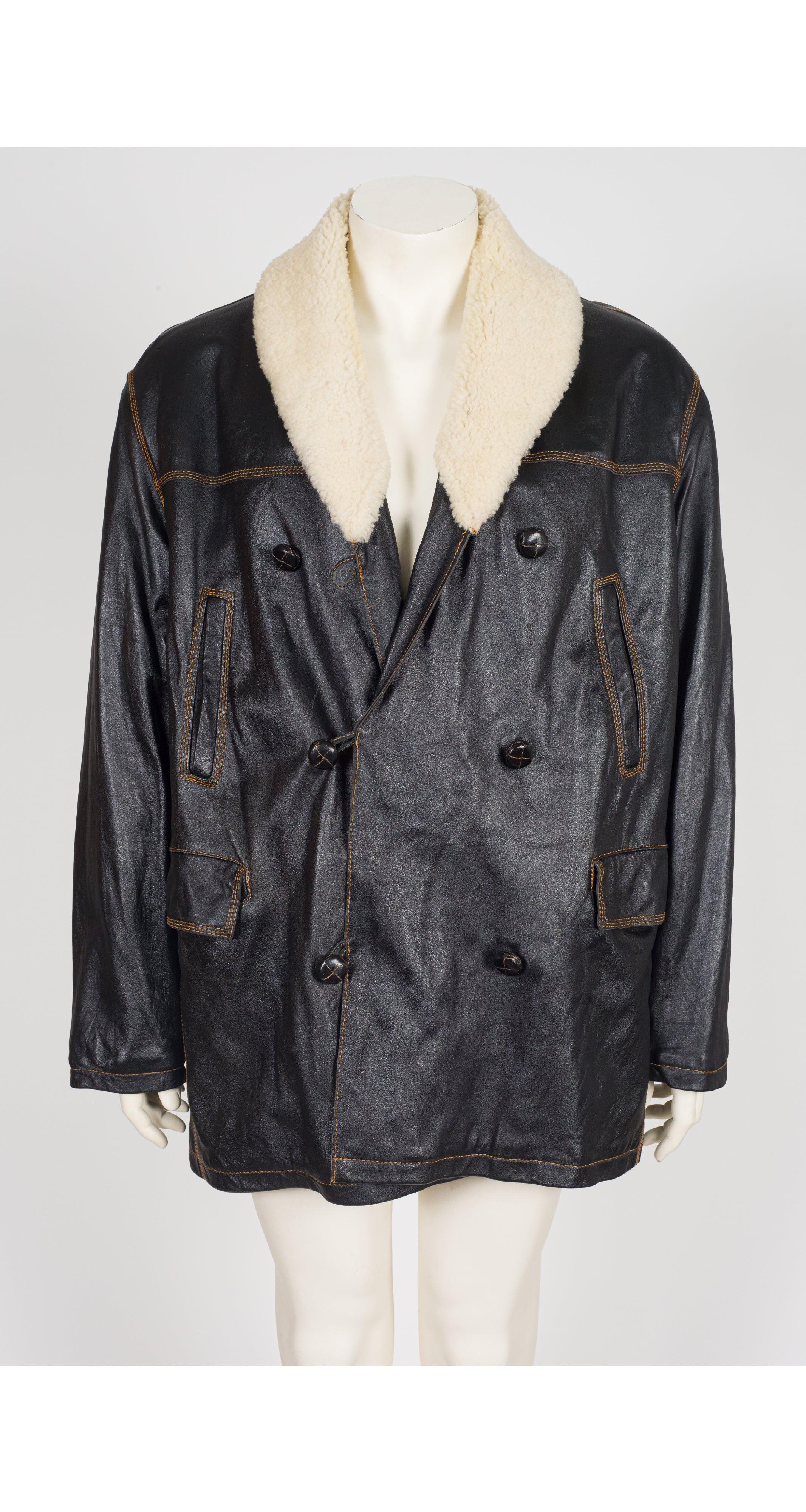 1990s Men's Black Leather Sheepskin Jacket & Pant Set