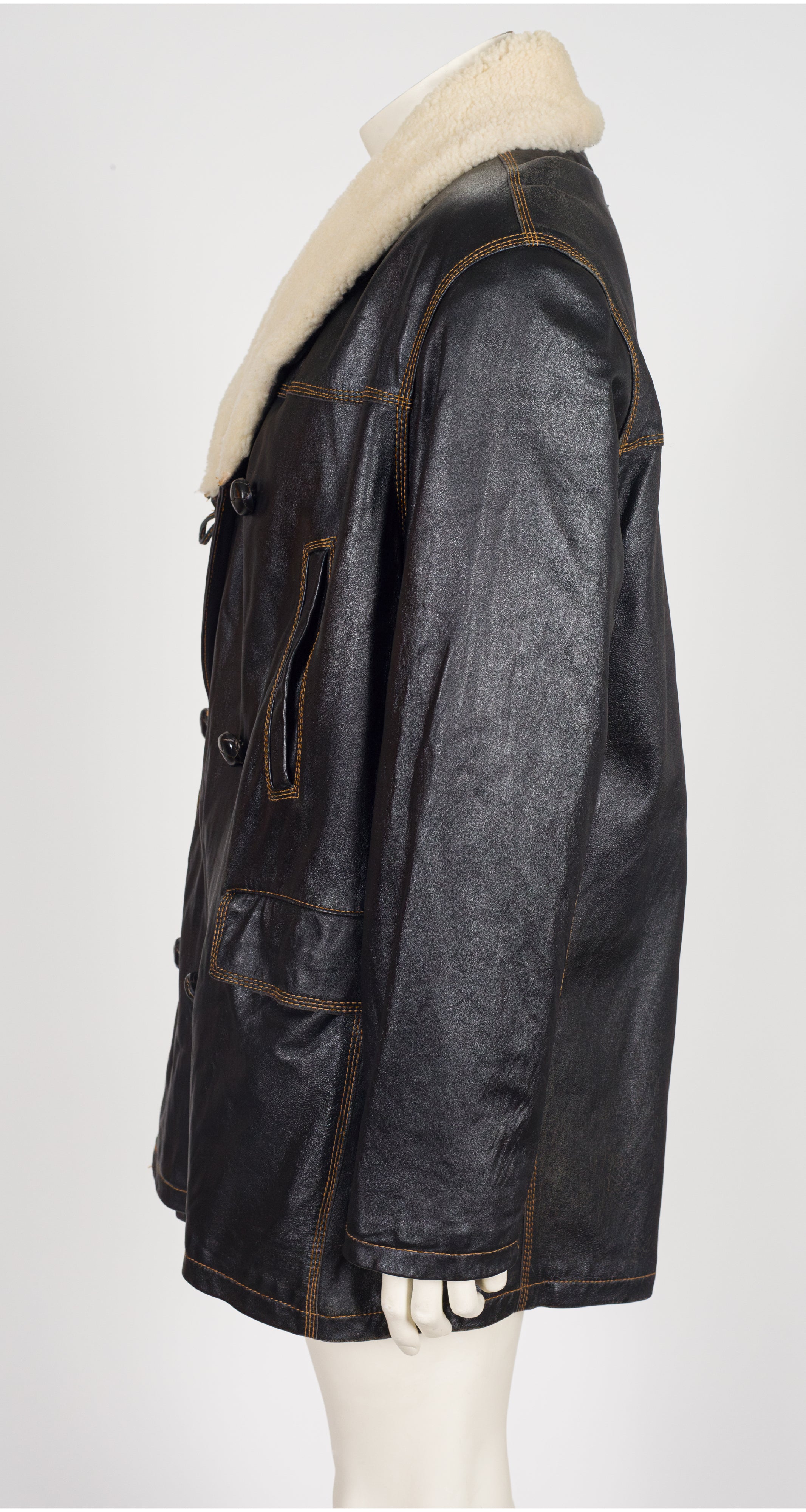 1990s Men's Black Leather Sheepskin Jacket & Pant Set