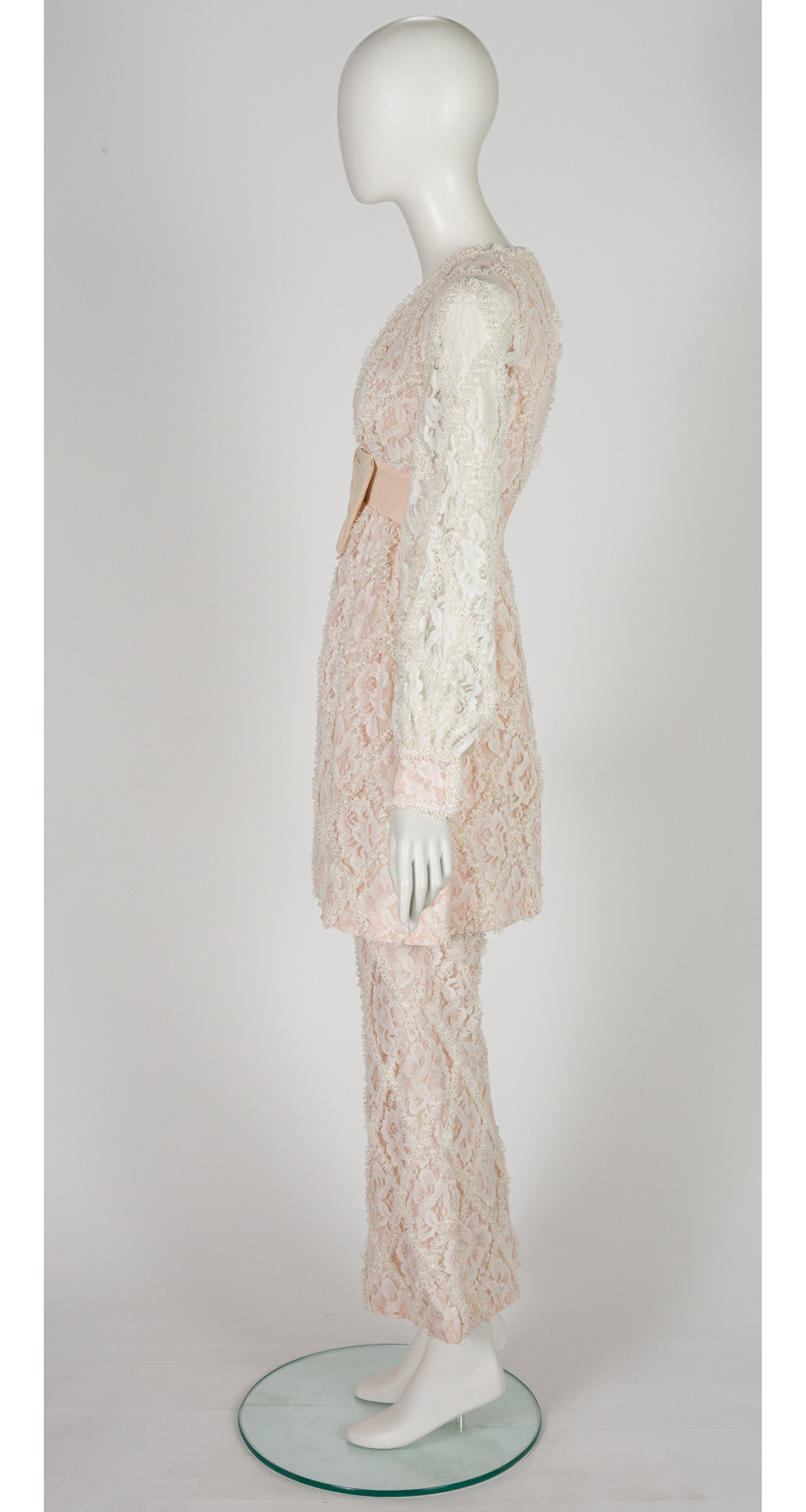 1960s White Floral Lace Babydoll Dress & Flared Pants Set
