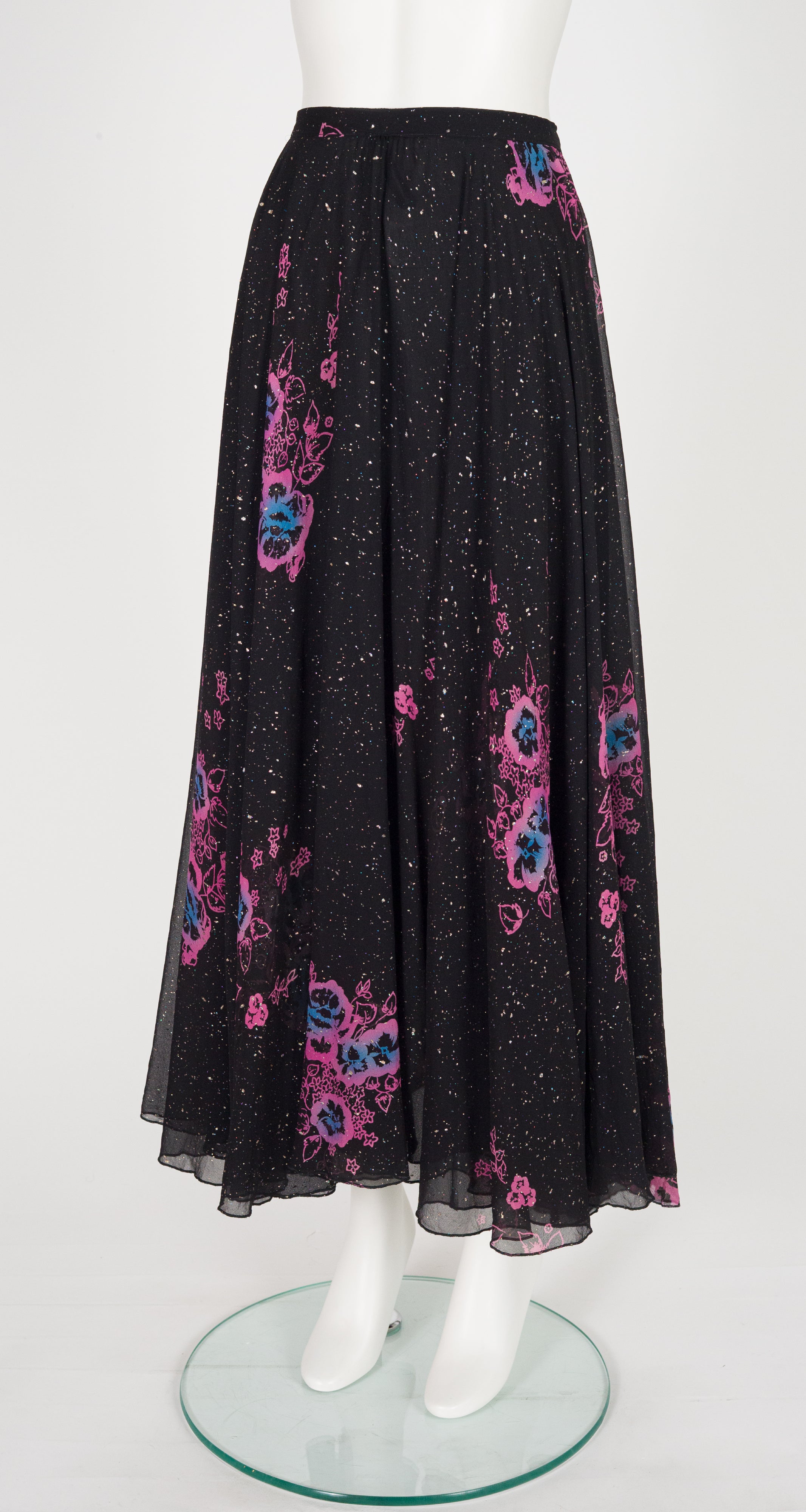 1970s Floral Galaxy Print Black Silk Chiffon Skirt