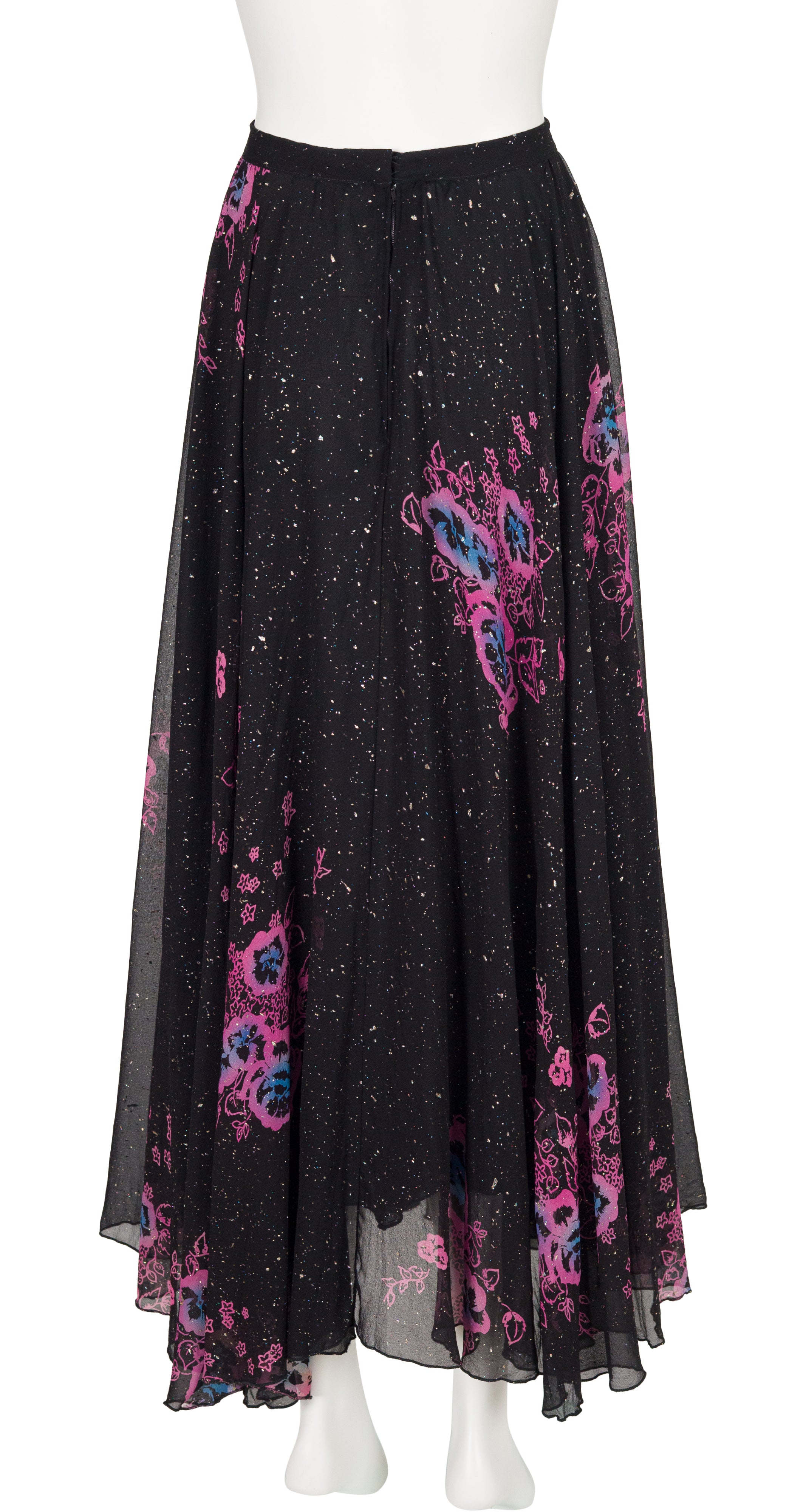 1970s Floral Galaxy Print Black Silk Chiffon Skirt