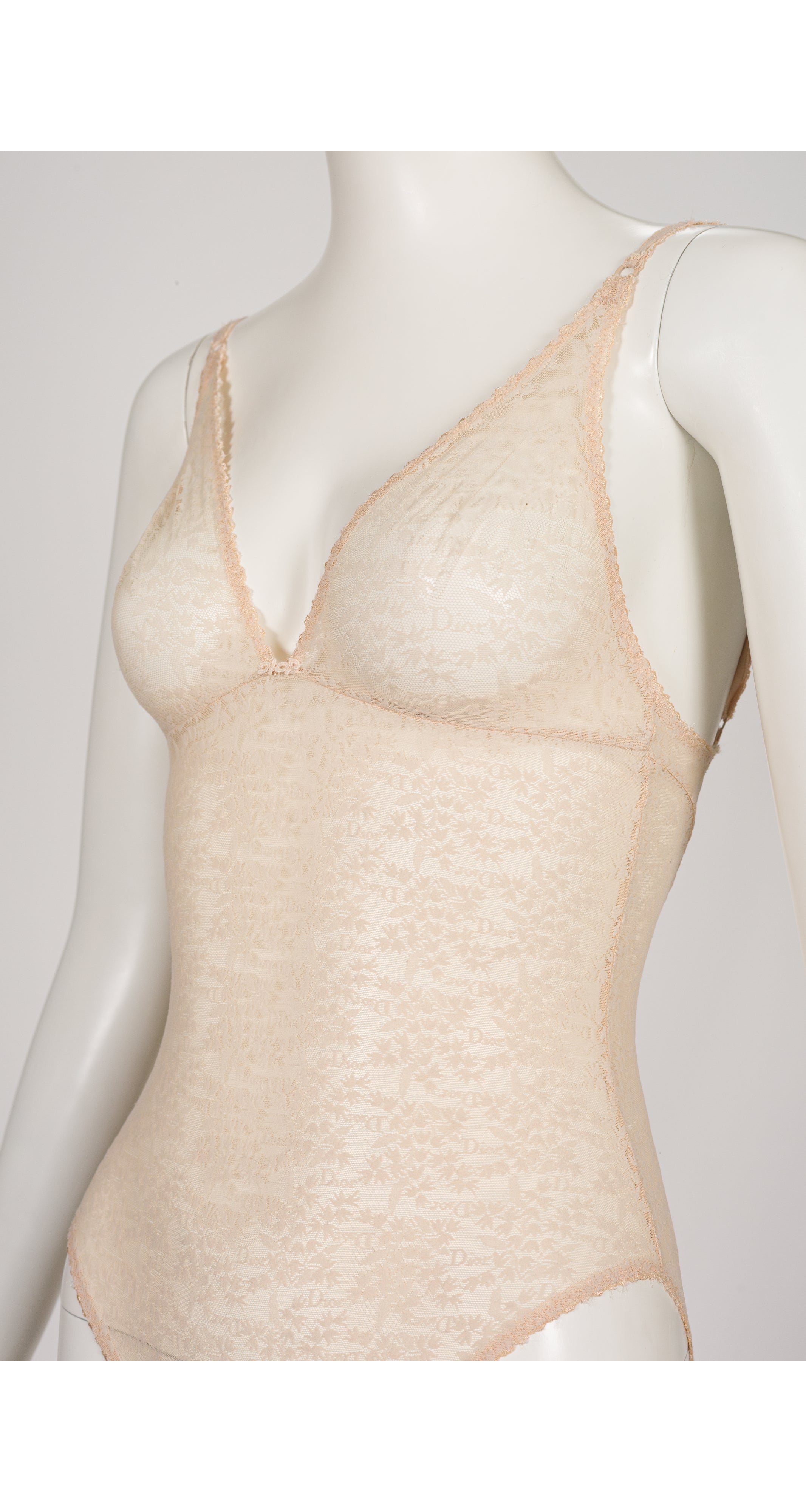 1990s Peach Floral Monogram Lace Lingerie Bodysuit