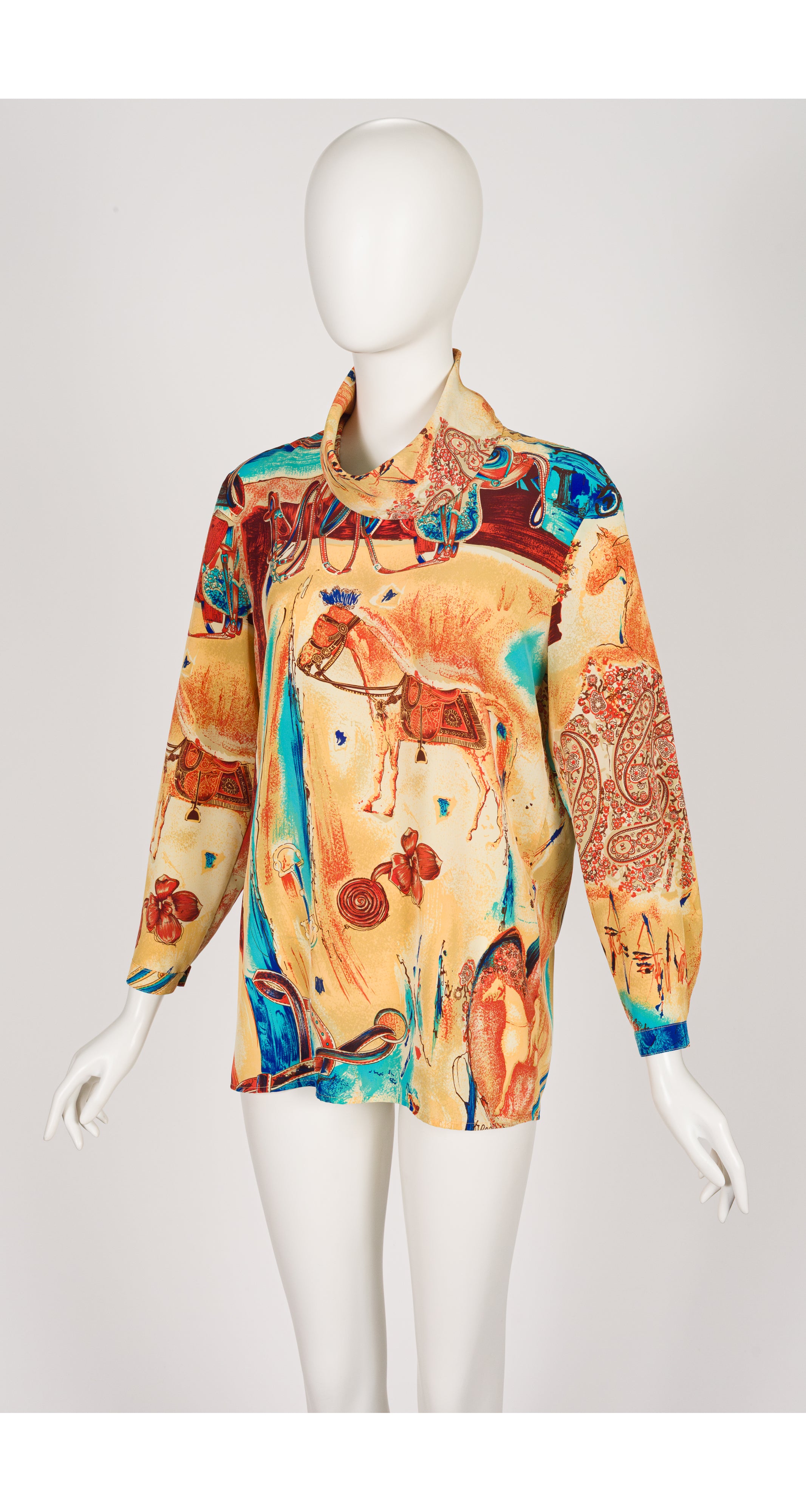 1980s Equestrian Print Funnel Neck Blouse