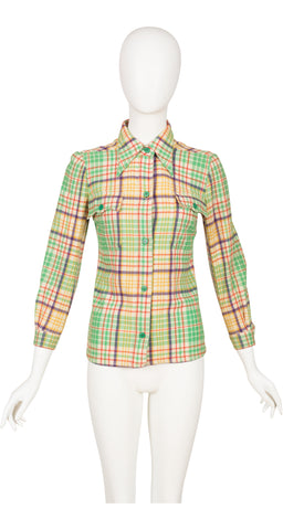 1970s Green Plaid Wool Pointed Collar Button-Up Shirt