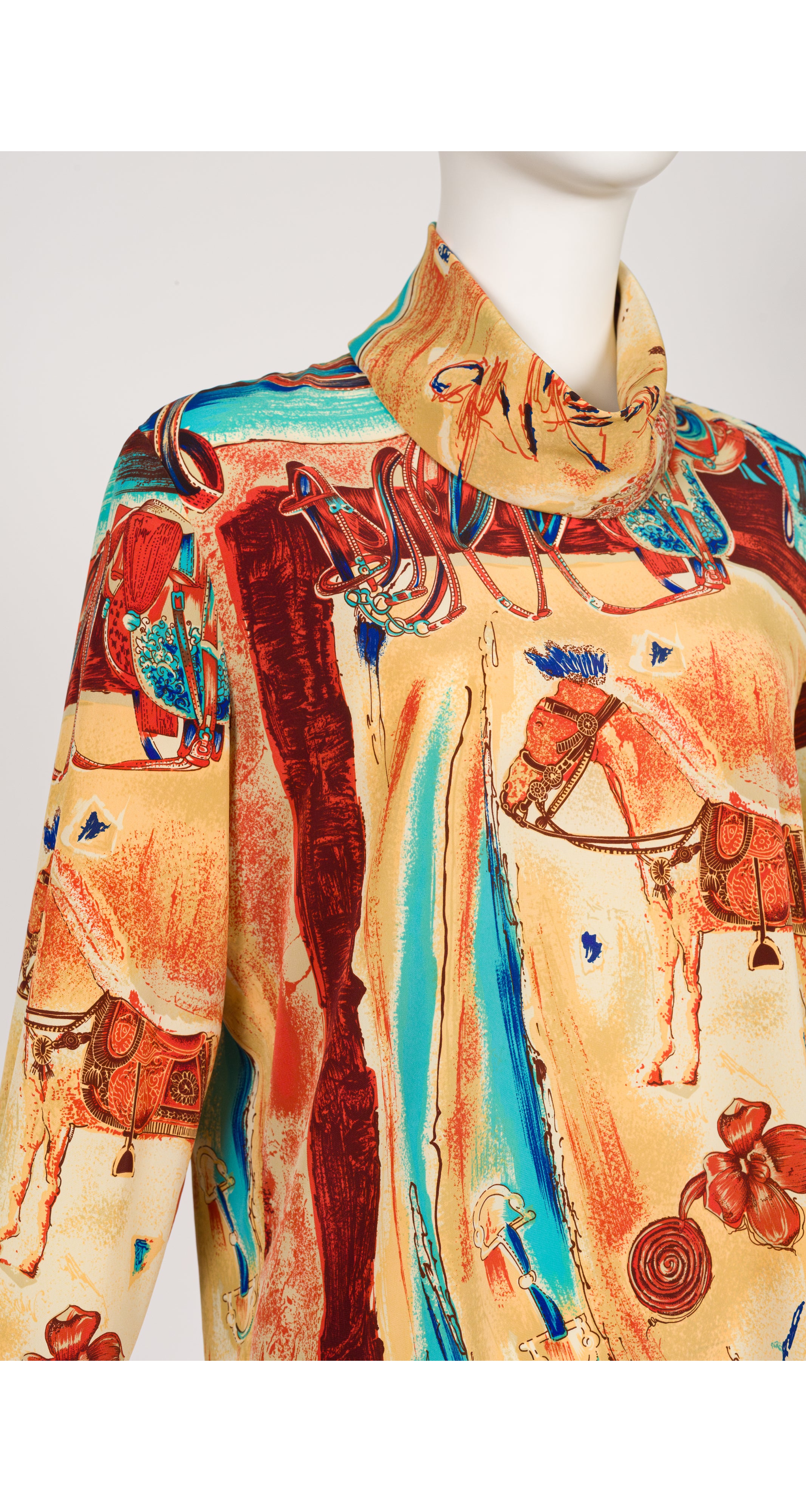 1980s Equestrian Print Funnel Neck Blouse